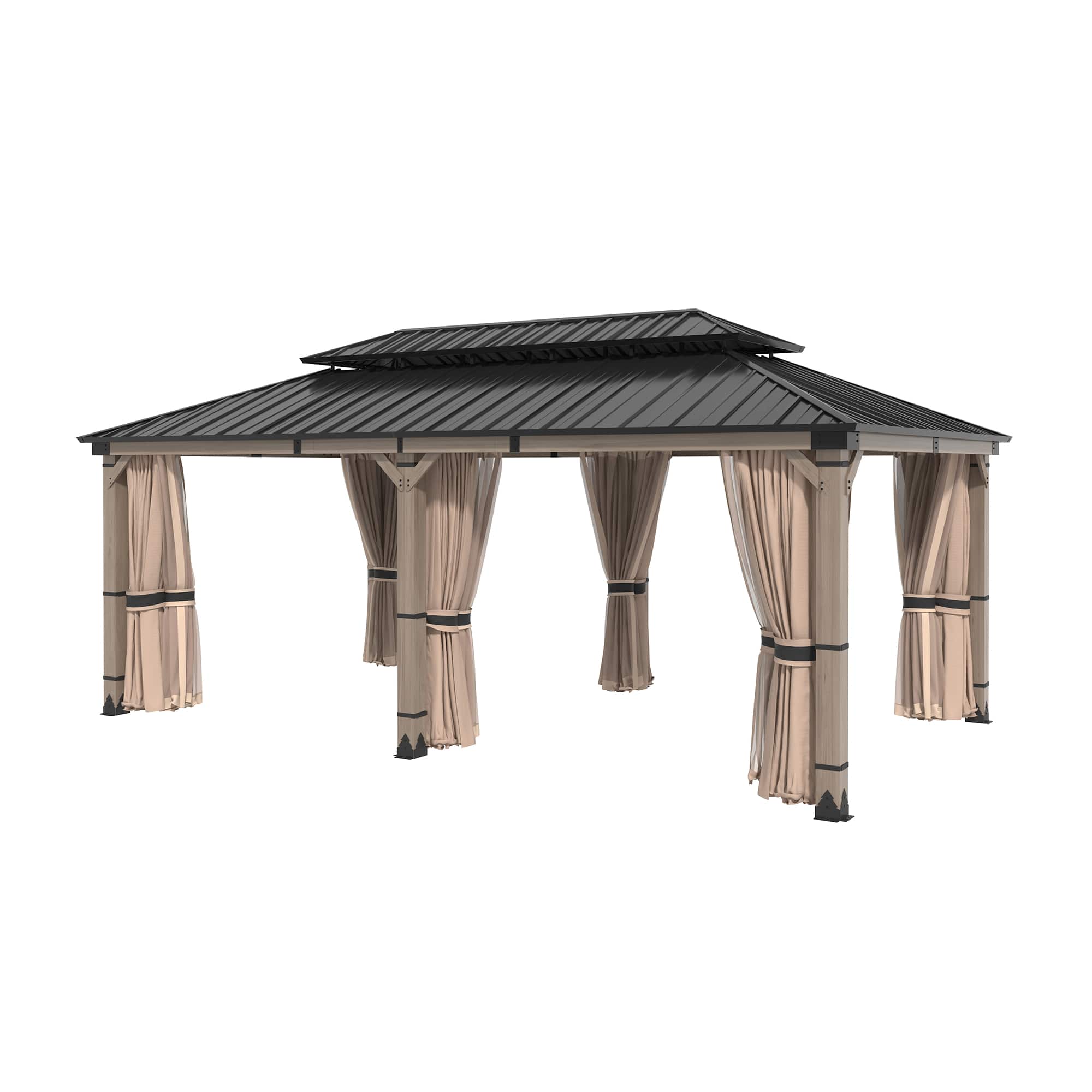 Mondawe - 12x20 ft. Solid Cedar Wood Patio Gazebo with Curtains and Mesh Screens - Natural Wood + Black