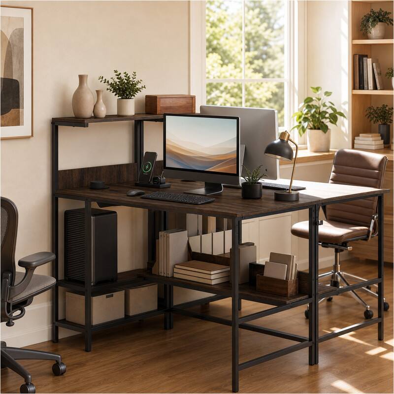 Angle. WELLFOR - 48" Computer Desk with Power Outlets and Storage Shelves, Reversible Home Office Desk Gaming Desk - Rustic Brown.