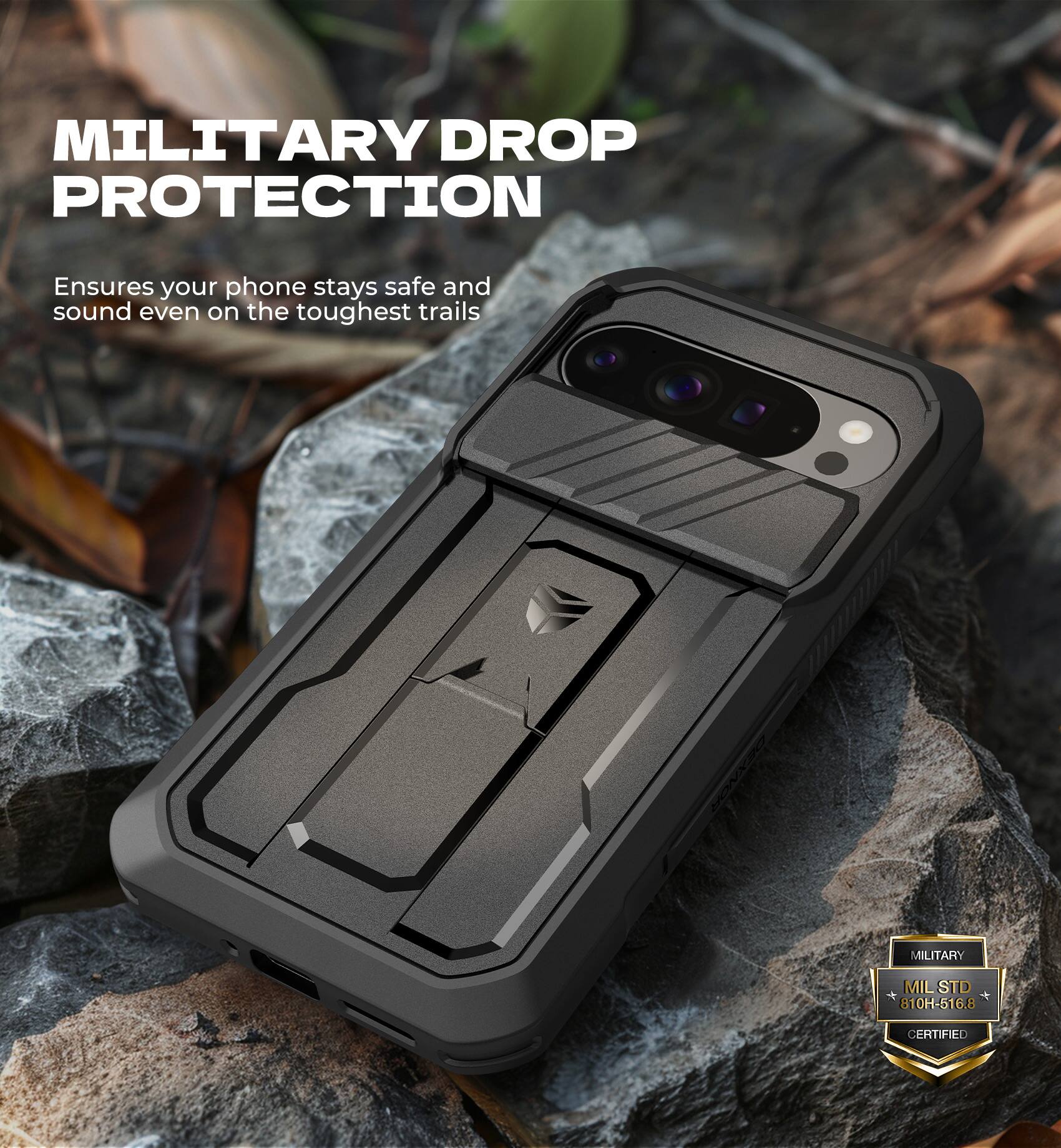 MILITARY DROP PROTECTION  
Ensures your phone stays safe and sound even on the toughest trails  

MILITARY MIL STD 810H-516.8 6.8 CERTIFIED