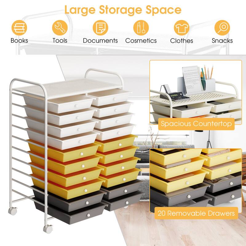 Large Storage Space  
Books  
Tools  
Documents  
Cosmetics  
Clothes  
Snacks  
Spacious Countertop  
20 Removable Drawers