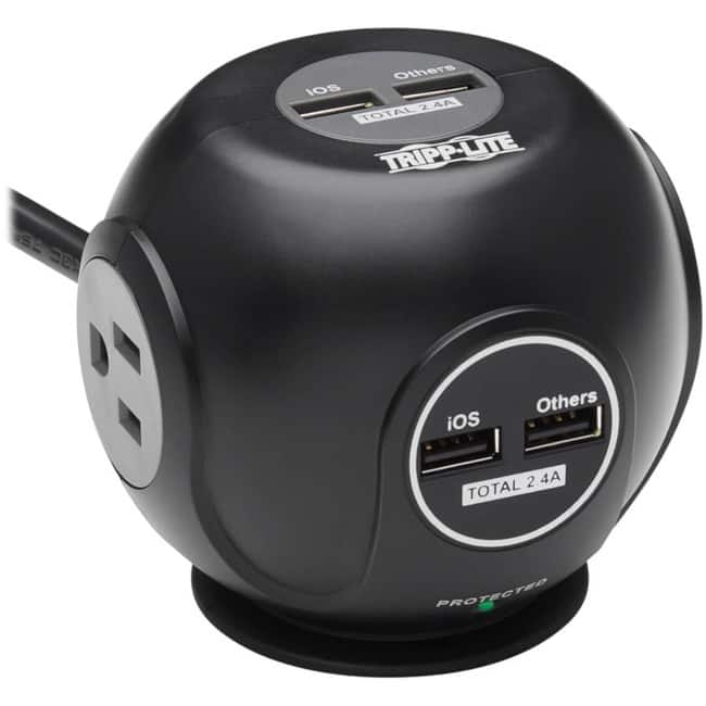 Eaton Tripp Lite Series 3-Outlet Spherical Surge Protector, 4 USB Ports (4.8A Shared) - 6 ft. (1.83 m) Cord, 5-15P Plug - Black