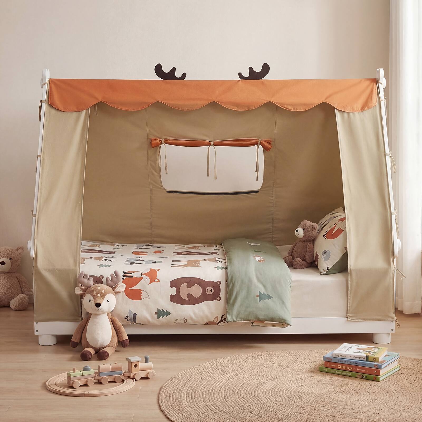 Alt View 5. Gymax - Gymax Twin Size House Floor Bed w/ TentWood Bed Frame w/ Roof Window & Fence Rails White & Orange - White.