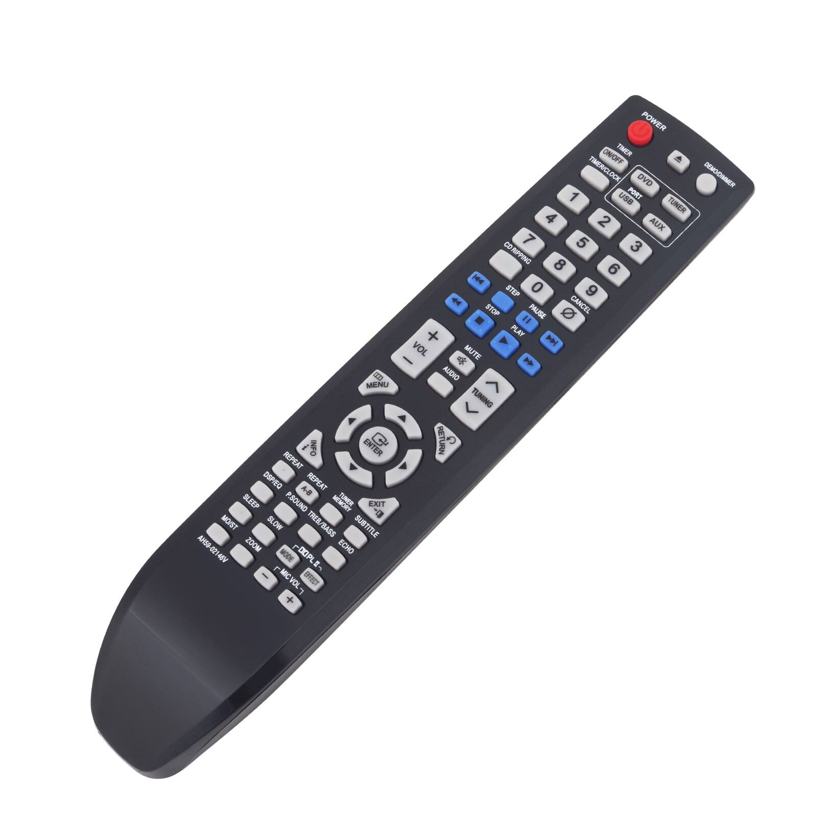 MENU i OIN ENTER REPEAT DSP/IEO A-B REPEAT SLEEP PSOUND TUMER EXIT 9 MOST SLOW TREB/BASS SUBTITLE AHSA ZOOM ECHO a MODE - a I- MCVOL- MC DVCT VOL- + POWER ON/OFF TIMER TIMERICLOCK DVD DMMER 1 USB PORT TUNER 4 2 AUX 7 5 3 COMPPING 8 6 | STEP 0 9  CANCEL STOP PAUSE " + PLAY  VOL MUTE -   AUDIO TUNING RETURN