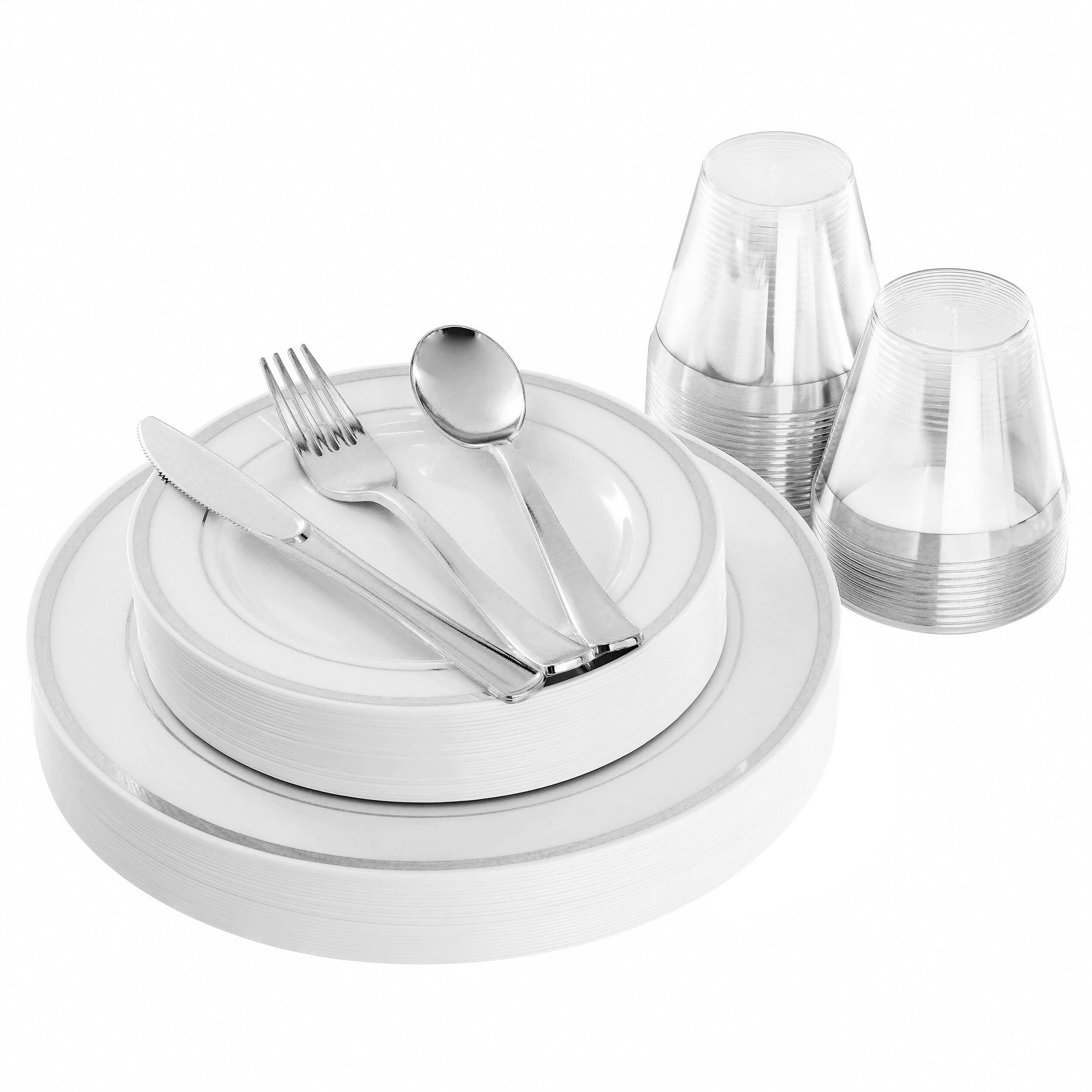 Elama - 150 Piece Disposable Plastic Dinnerware Party Set for 25 Guests with Silver Trim - White
