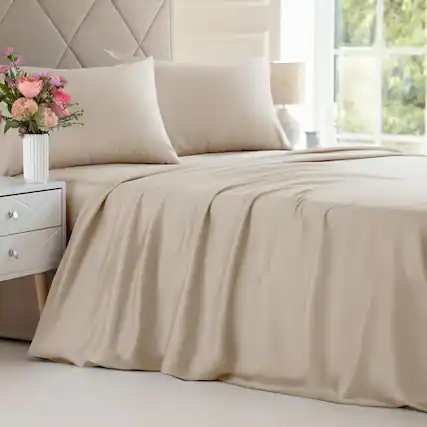 Front. CGK Linens - 100% Rayon from Bamboo Cooling 4 Piece Sheet Set - Deep Pocket Soft Bed Sheets - Queen - Wheat.