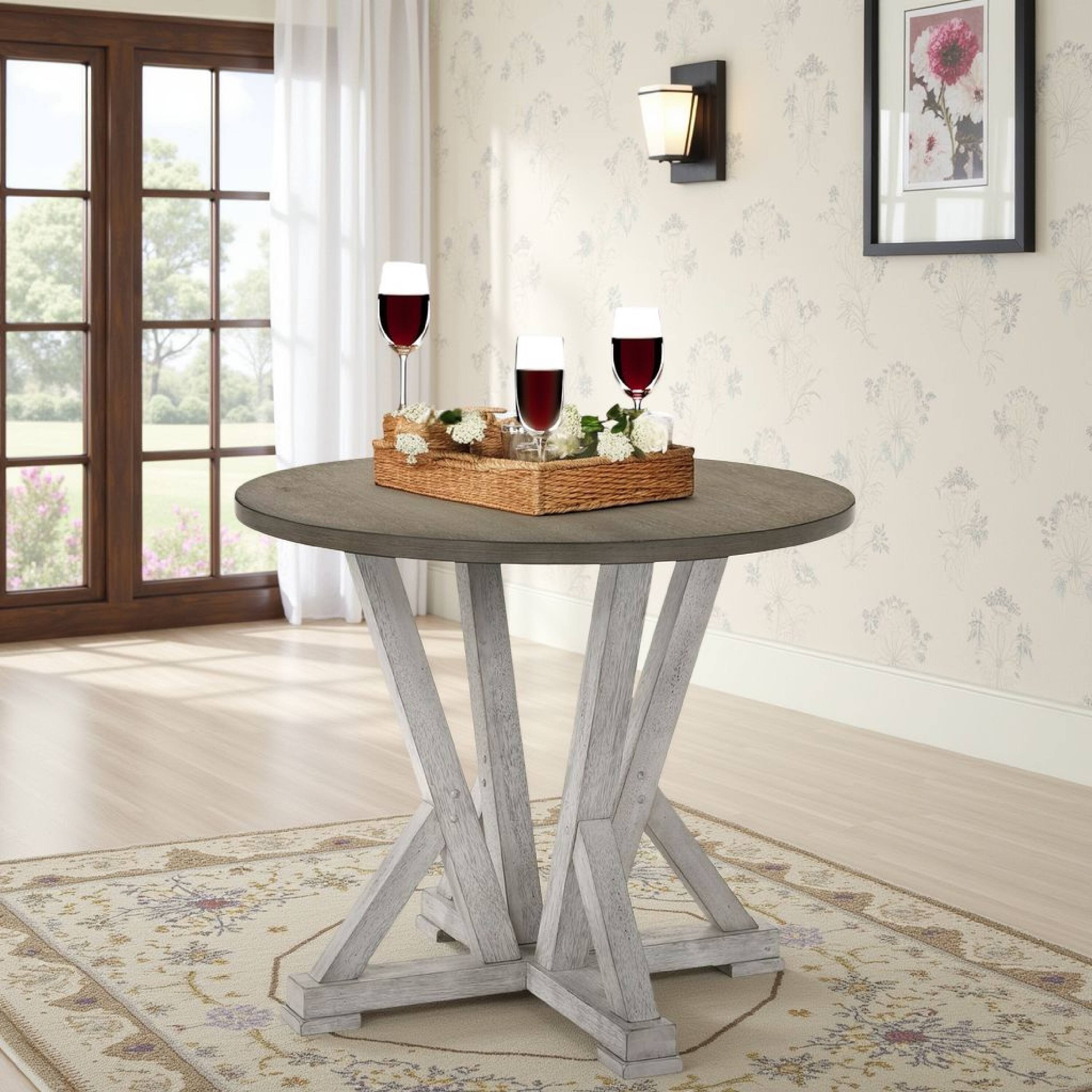 Alt View 5. Manhattan Lane - Koe Counter Height Table, 48 Inch Brown Round Top, White Pedestal Base - Antique White, Ash Brown.