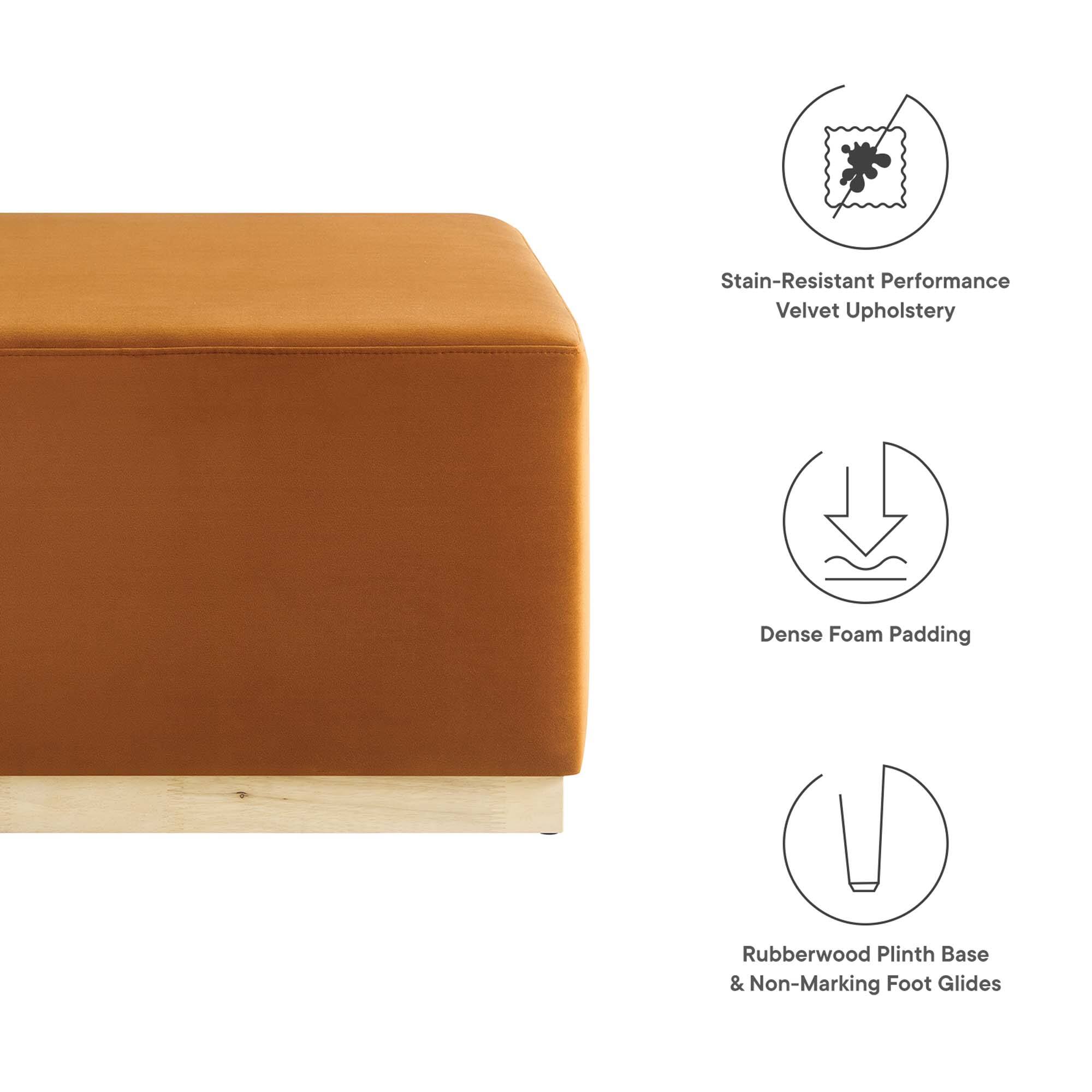 - Stain-Resistant Performance Velvet Upholstery
- Dense Foam Padding
- Rubberwood Plinth Base & Non-Marking Foot Glides