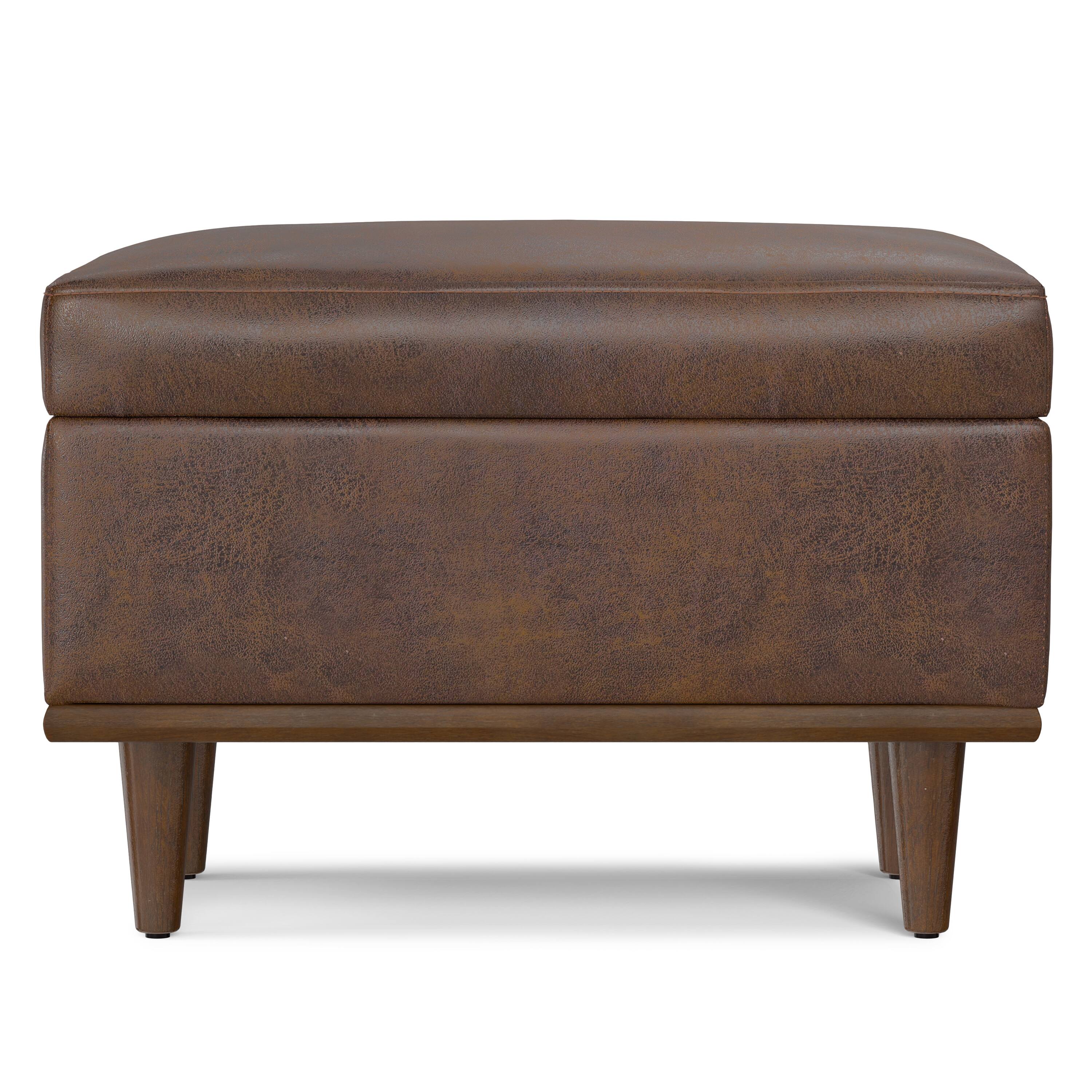 Left. Simpli Home - Shiloh 26 inch Wide Transitional Contemporary Storage Ottoman in Distressed Chestnut Brown Vegan Faux Leather, Assembled - Distressed Chestnut Brown.