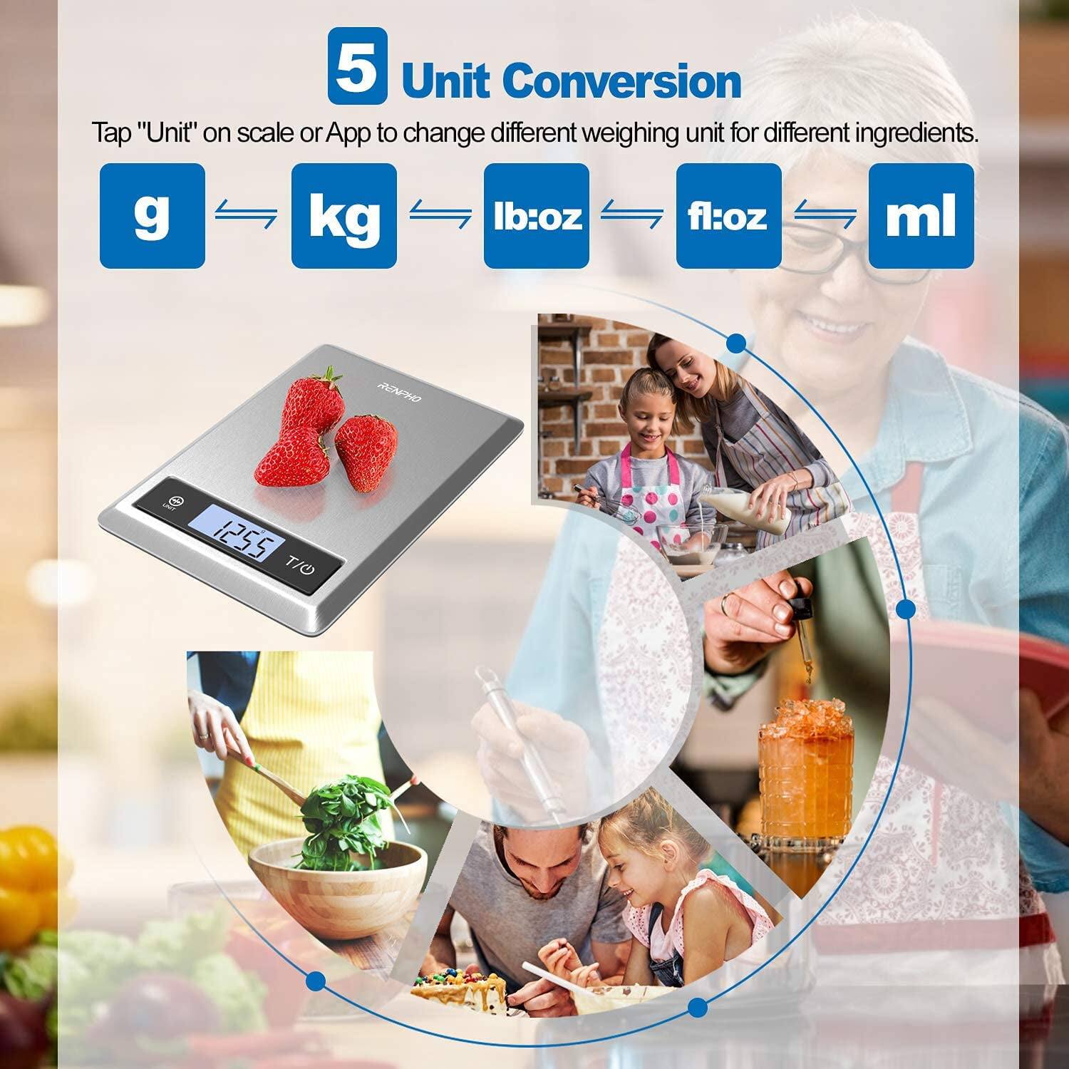 5 Unit Conversion  
Tap "Unit" on scale or App to change different weighing unit for different ingredients.  
g kg lb:oz fl:oz ml