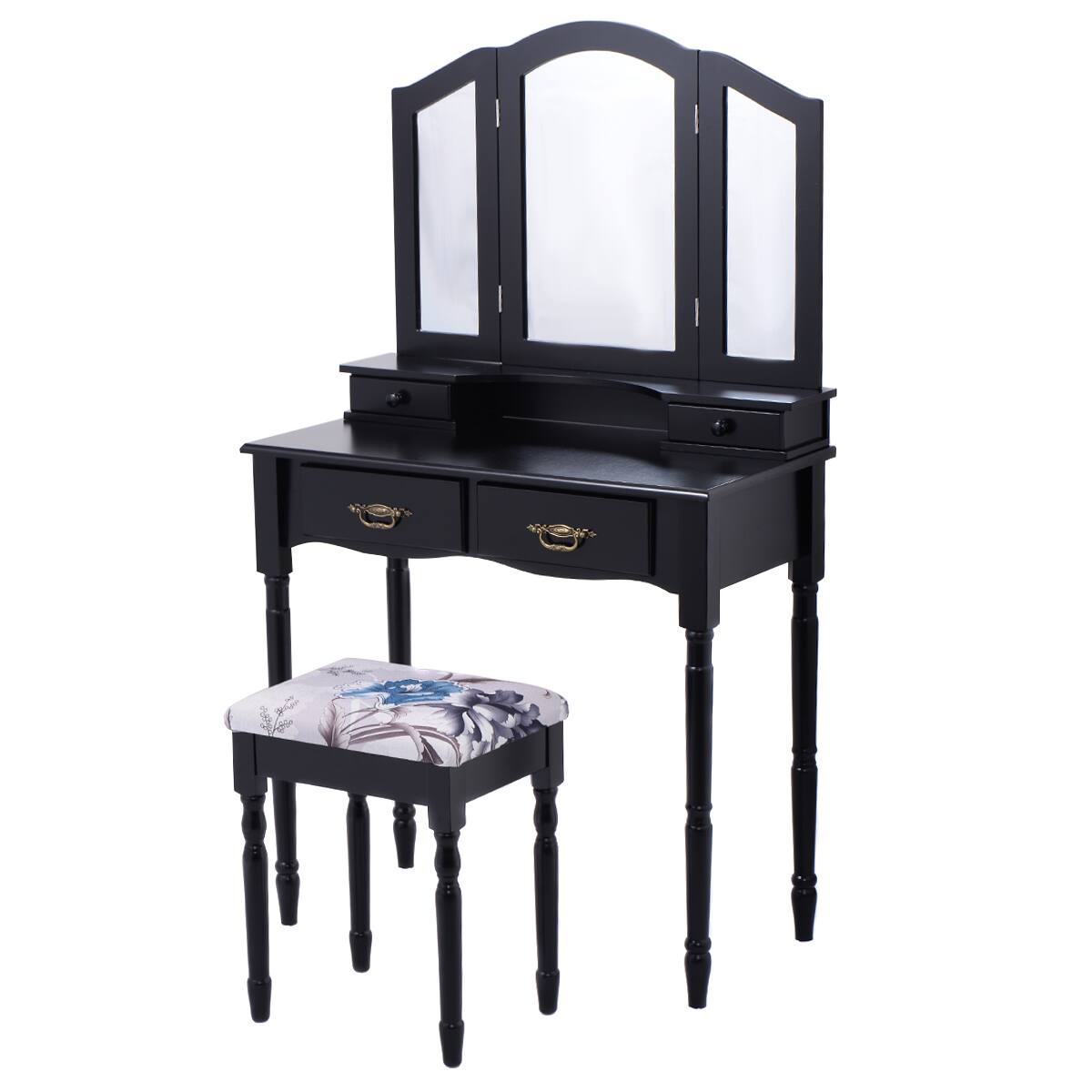 Alt View 5. Gymax - Gymax Vanity Makeup Dressing Table Stool Set w/ Folding Mirror 4 Drawers Black - Black.