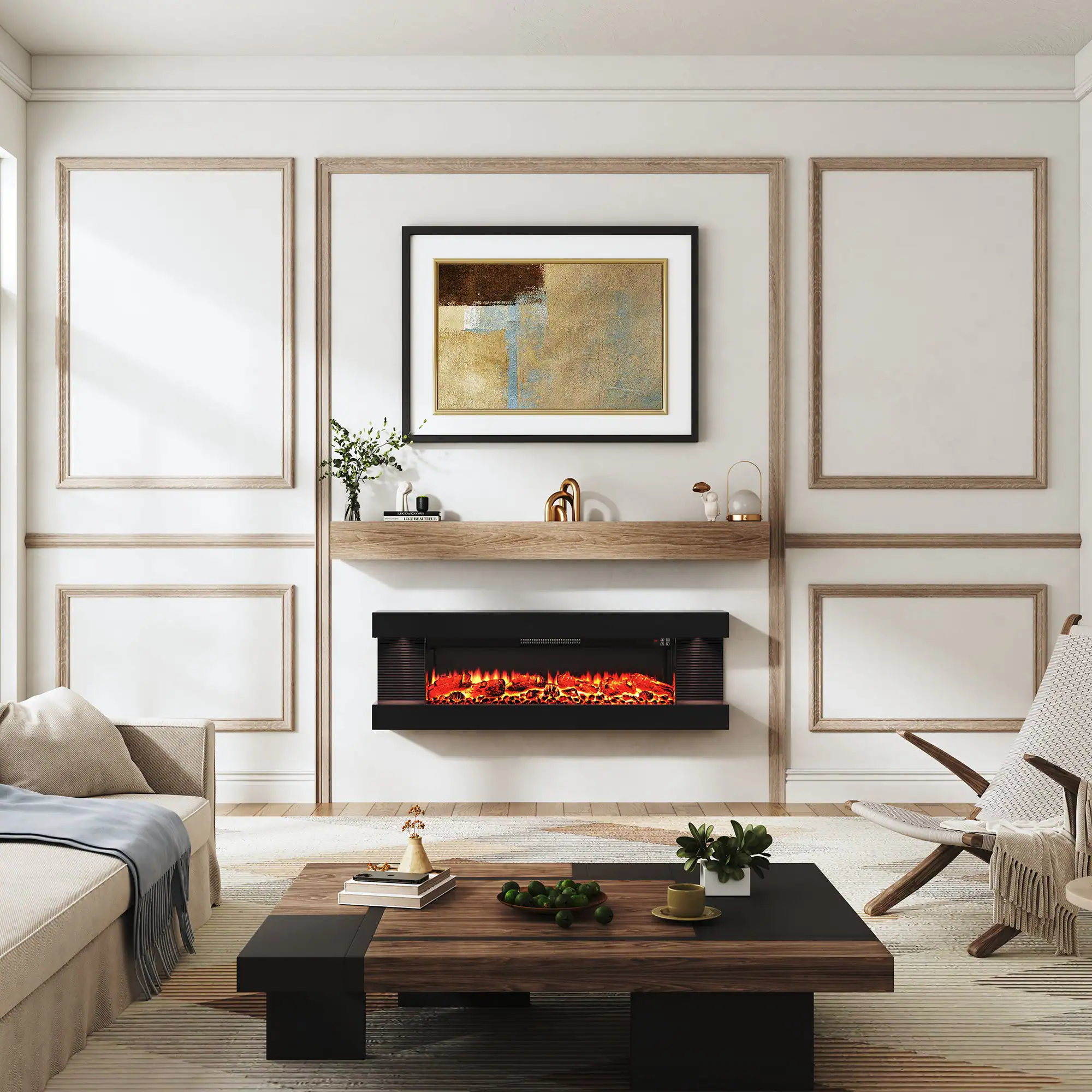 Alt View 4. Boyel Living - 50 inch Hanging Electric Fireplace with Remote Control and LED Side Lights - Black.