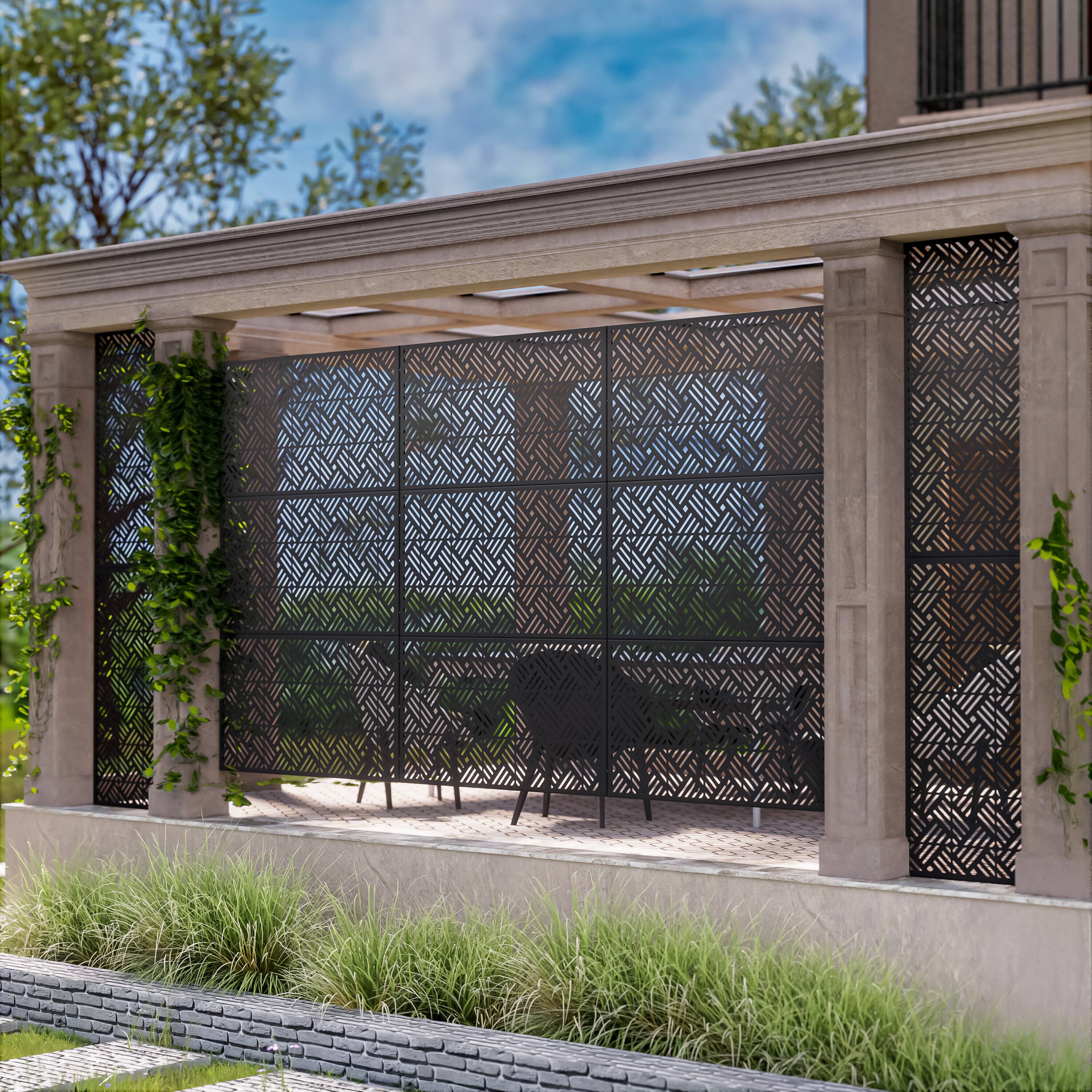 Alt View 3. PexFix - 72 in. x 47 in. Boris Pattern Metal Outdoor Privacy Screen & Panels, Freestanding Garden Divider Fence - Black.