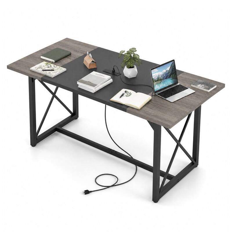 Angle. WELLFOR - 6FT Conference Table with Power Outlets, Rectangular Wooden Training Table for 6-8 People - Rustic Oak.