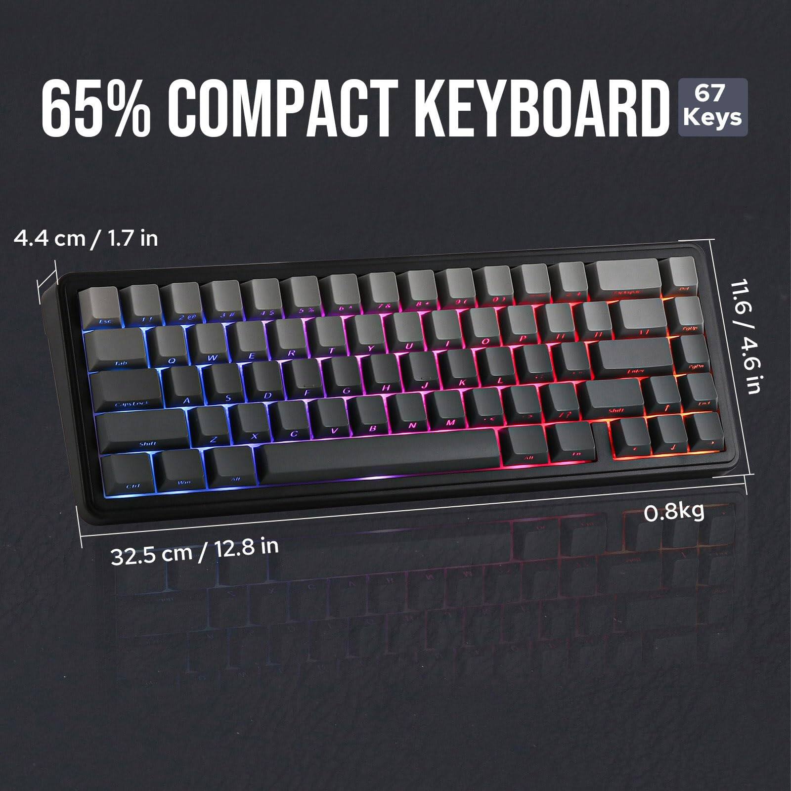 65% COMPACT KEYBOARD  
67 Keys  

4.4 cm / 1.7 in  
11.6 cm / 4.6 in  
32.5 cm / 12.8 in  

0.8 kg