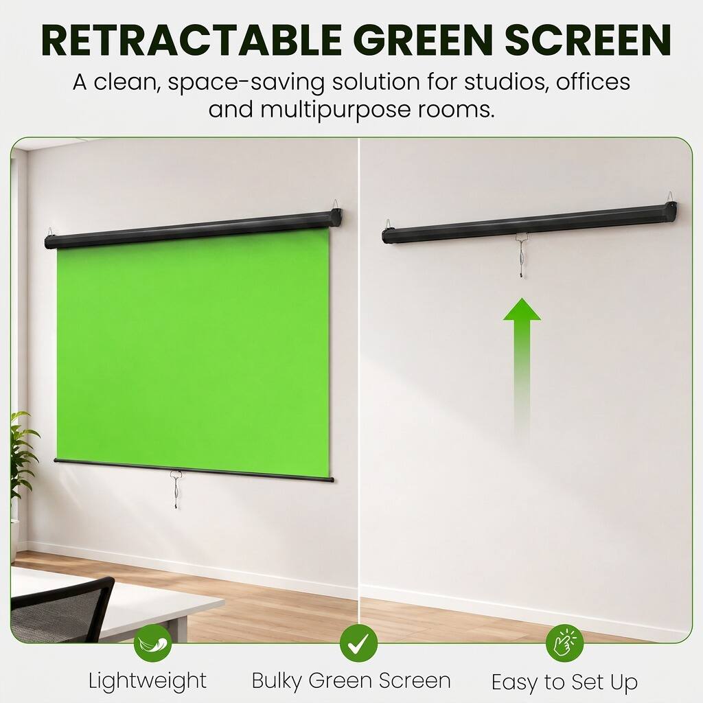 RETRACTABLE GREEN SCREEN  
A clean, space-saving solution for studios, offices and multipurpose rooms.  

Lightweight  
Bulky Green Screen  
Easy to Set Up