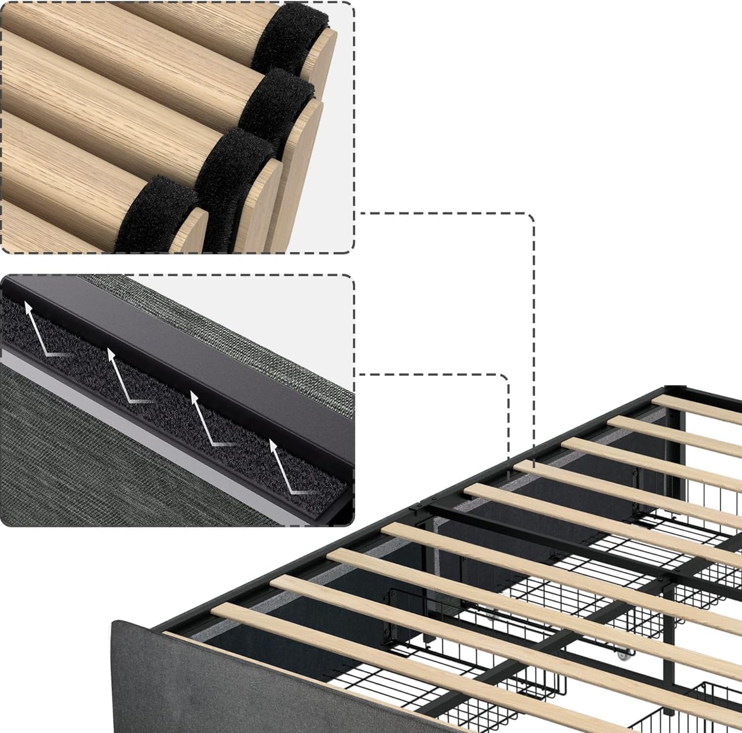 Back. Babevy - King/Queen/Full Size Bed Frame with 4 Storage Drawers, Platform Bed Frame with Mattress Foundation - Dark Gray.