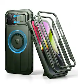 dexnor - iPhone 14/13 Magnetic Case with Camera Cover & Adjustable Kickstand & Built-in Screen Protector - Army Green