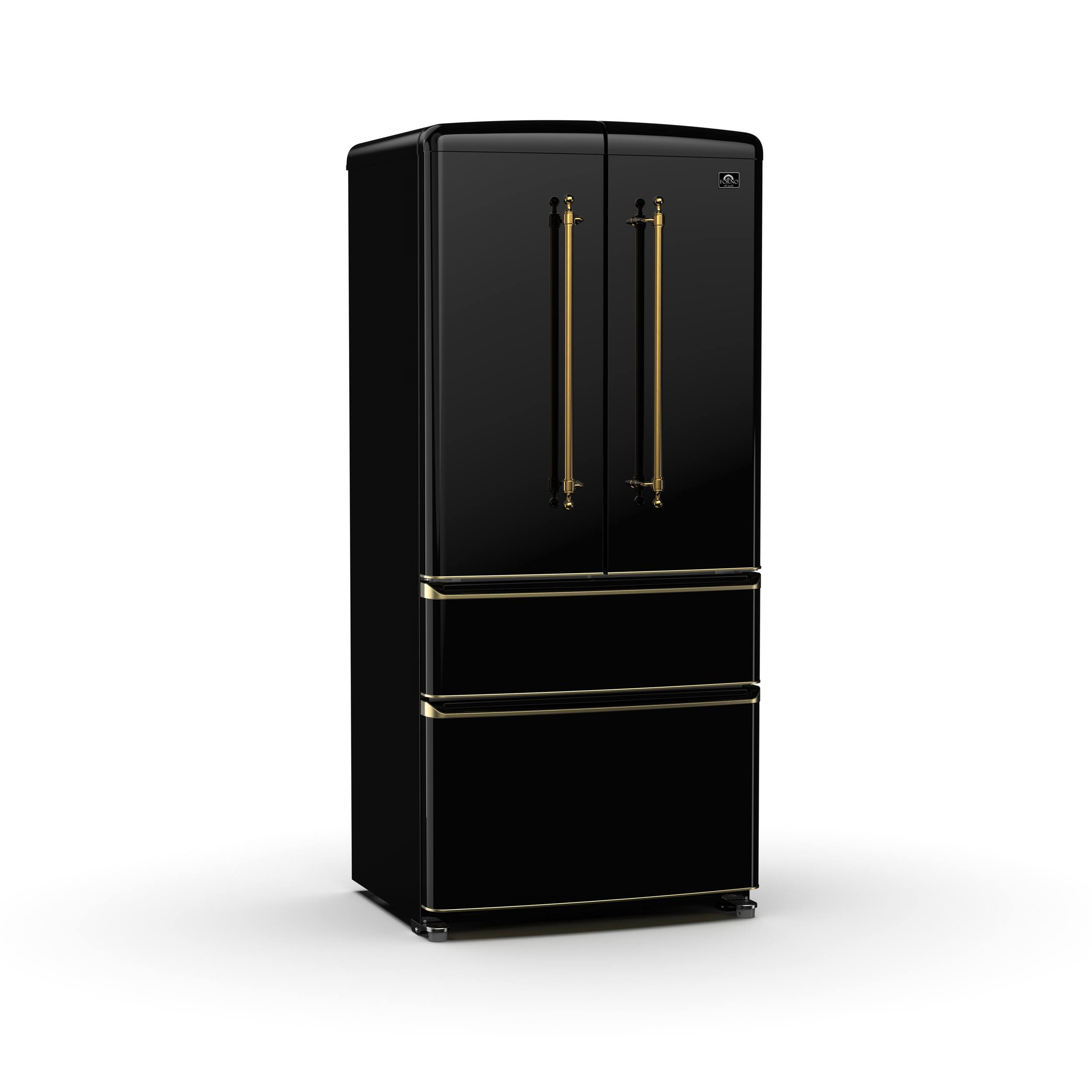 Left. Forno Appliances - Luigi 18 Cu. Ft. Counter-Depth French Door Refrigerator with Antique Brass Handles - Black.