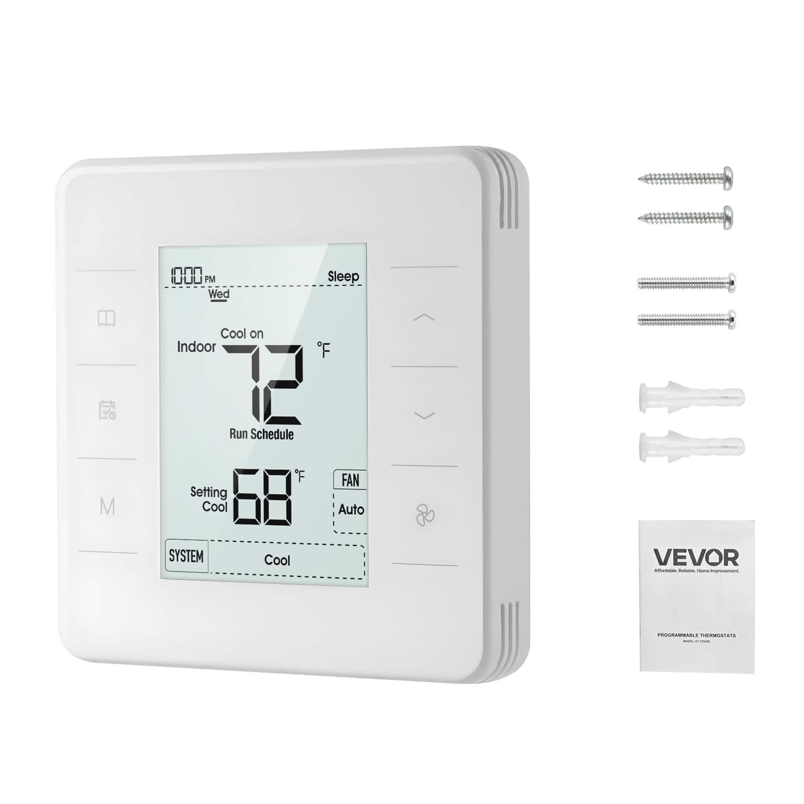 VEVOR - 7-Day Programmable Thermostat, Home Thermostats for Heat Pump,Air Conditioner,LED Screen with Backlight & 1Cool+1Heat - White