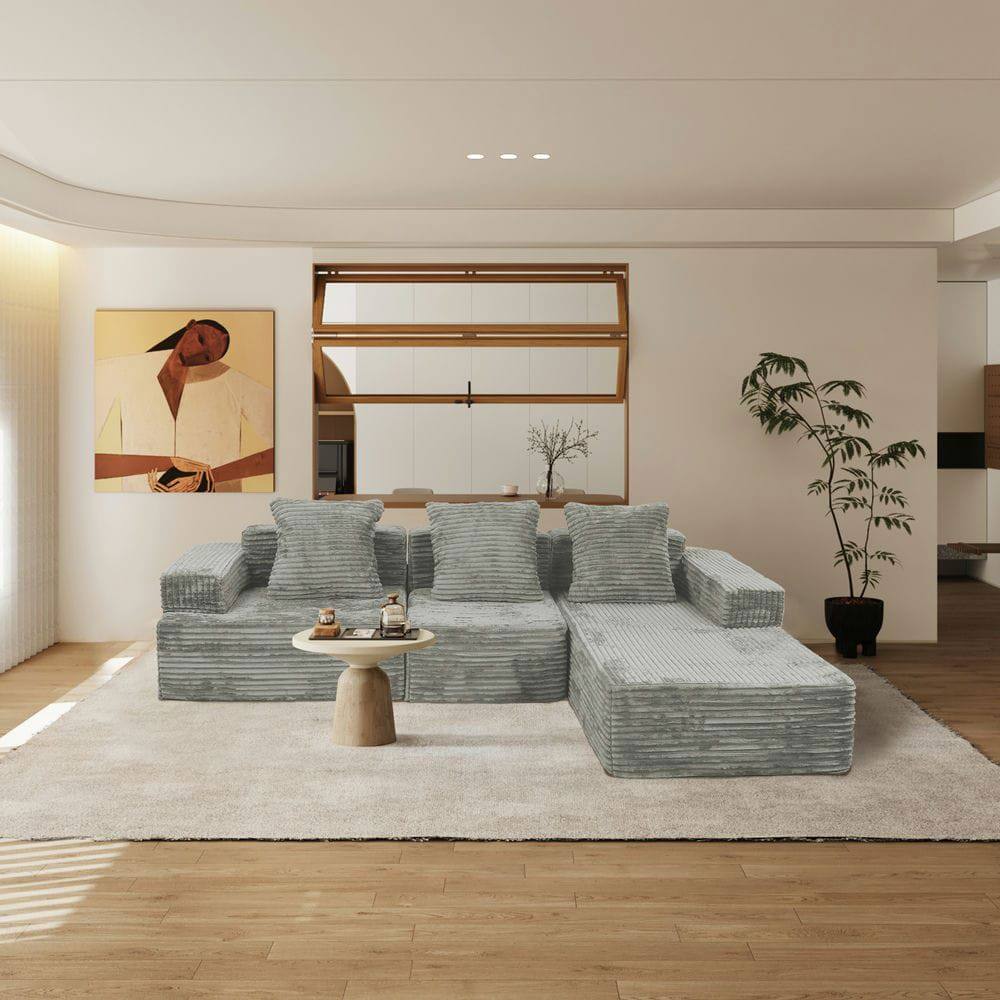 Back. Kadyn - Compression Sectional Sofa, L-Shaped Boneless Design with Chaise and Minimalist Corduroy Style, Grey - Gray.