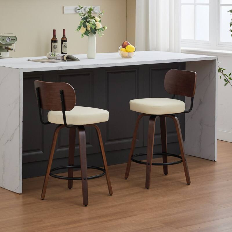 Alt View 5. HTUTWOO - Set of 2 Mid Century Modern Bar Stools, Faux Leather Upholstered with Walnut Back, for Kitchen Counter, HomeBar - Beige.