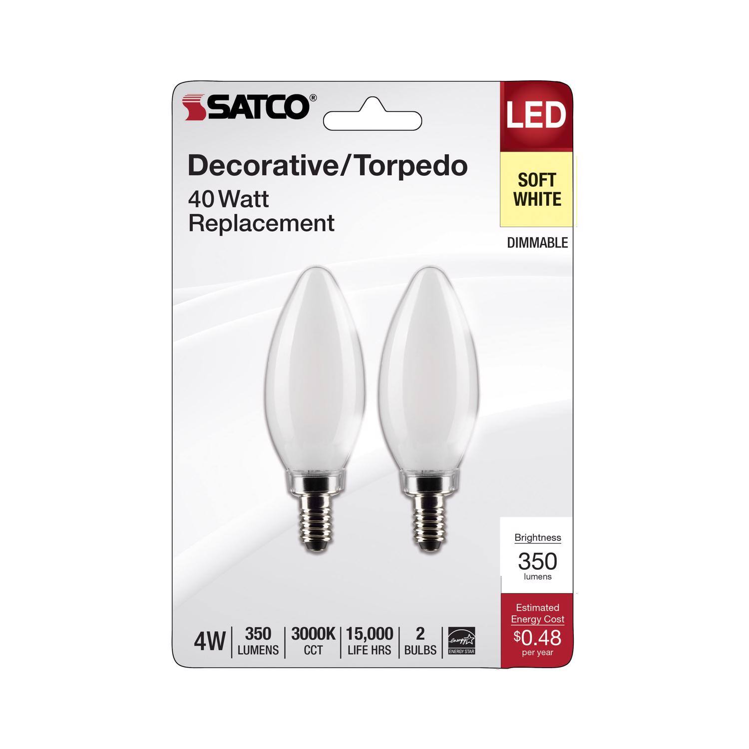 SATCO LED Decorative/Torpedo 40 Watt Replacement DIMMABLE Soft White 350 Lumens 3000K 15,000 Life Hours 2 Bulbs Estimated Energy Cost $0.48 per year