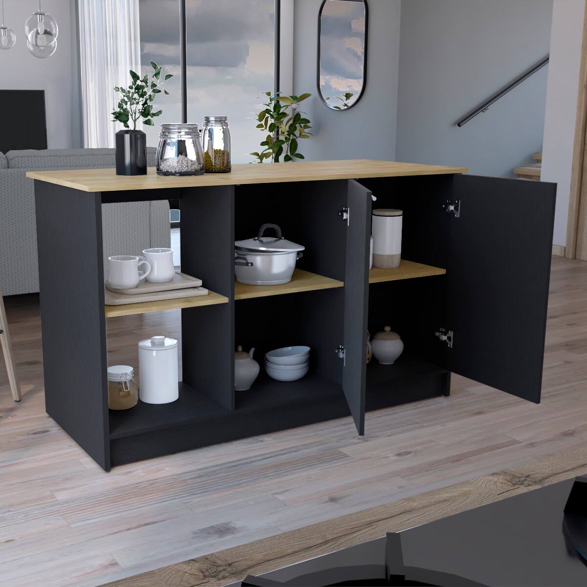Back. Loheer - Loheer Modern Kitchen Island with Open Shelves Large Top Surface - Multi.