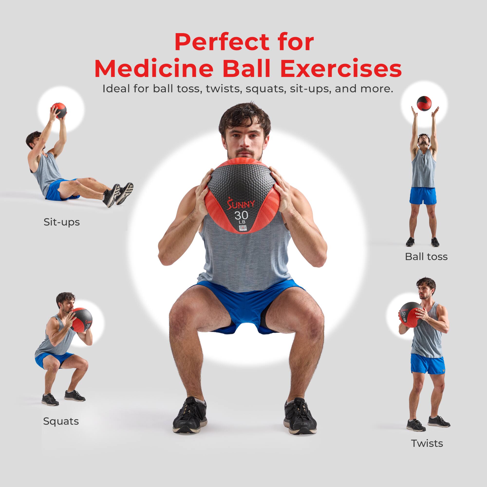 Perfect for Medicine Ball Exercises  
Ideal for ball toss, twists, squats, sit-ups, and more.  

- Sit-ups  
- Ball toss  
- Squats  
- Twists