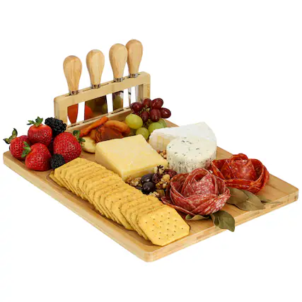 Front. MegaChef - MegaChef Bamboo Charcuterie and Cheese Board with Knife Stand Attachment and 4 Piece Knife Set - Brown.