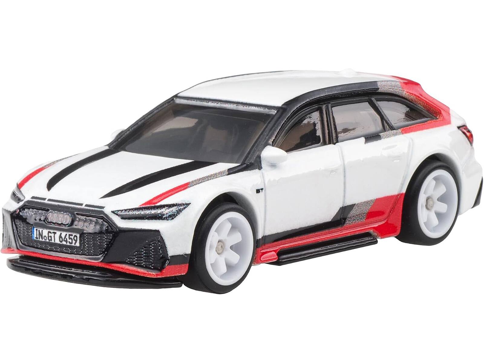 Angle. Hot Wheels - Audi RS 6 Avant White with Stripes "Fast Wagons" Series Diecast Model Car by Hot Wheels - White, Red, Black.