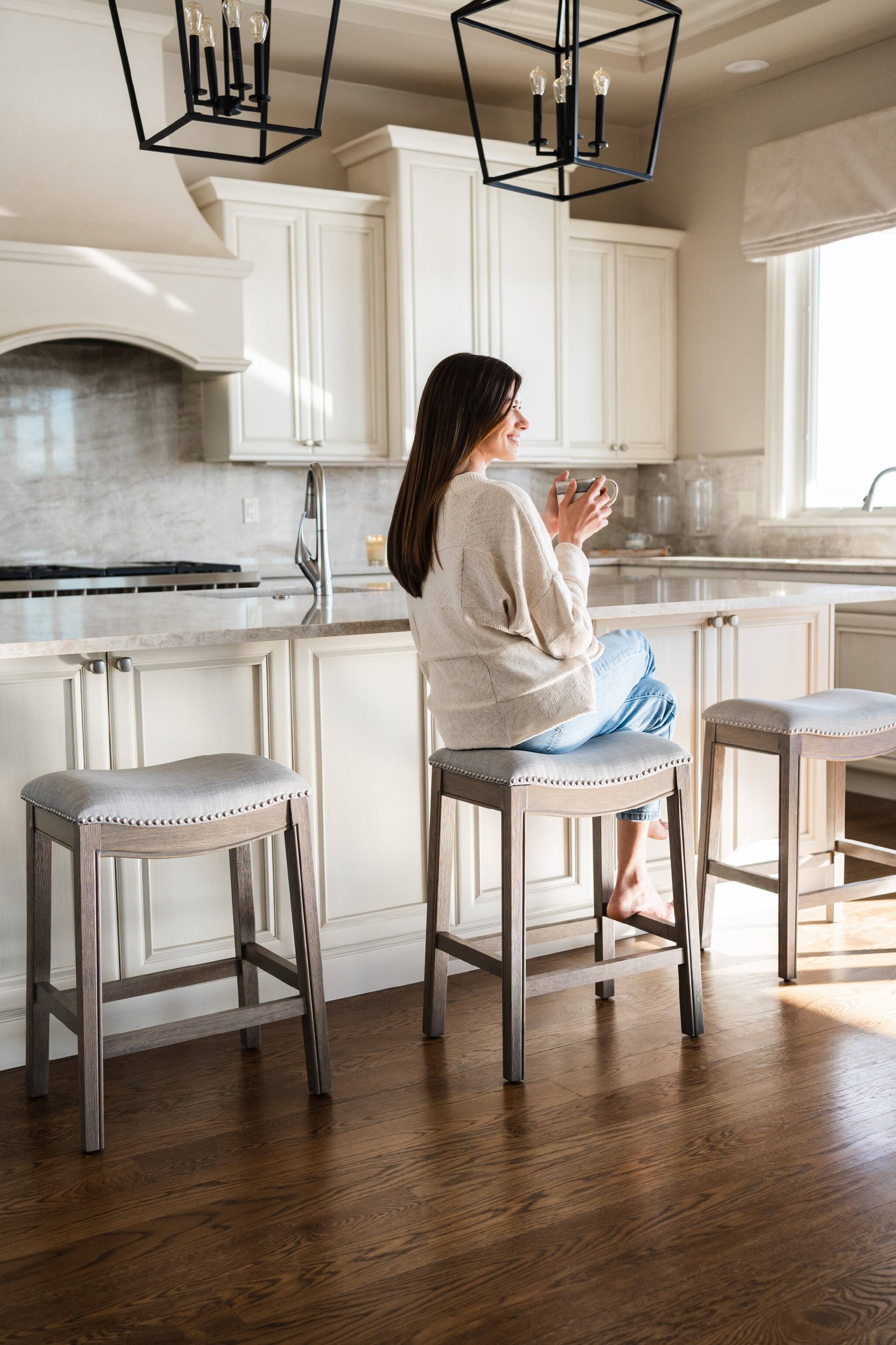 Alt View 4. Maven Lane - 26" Adrien Saddle Counter Stool In Reclaimed Oak Finish With  Fabric Upholstery - Reclaimed Oak.