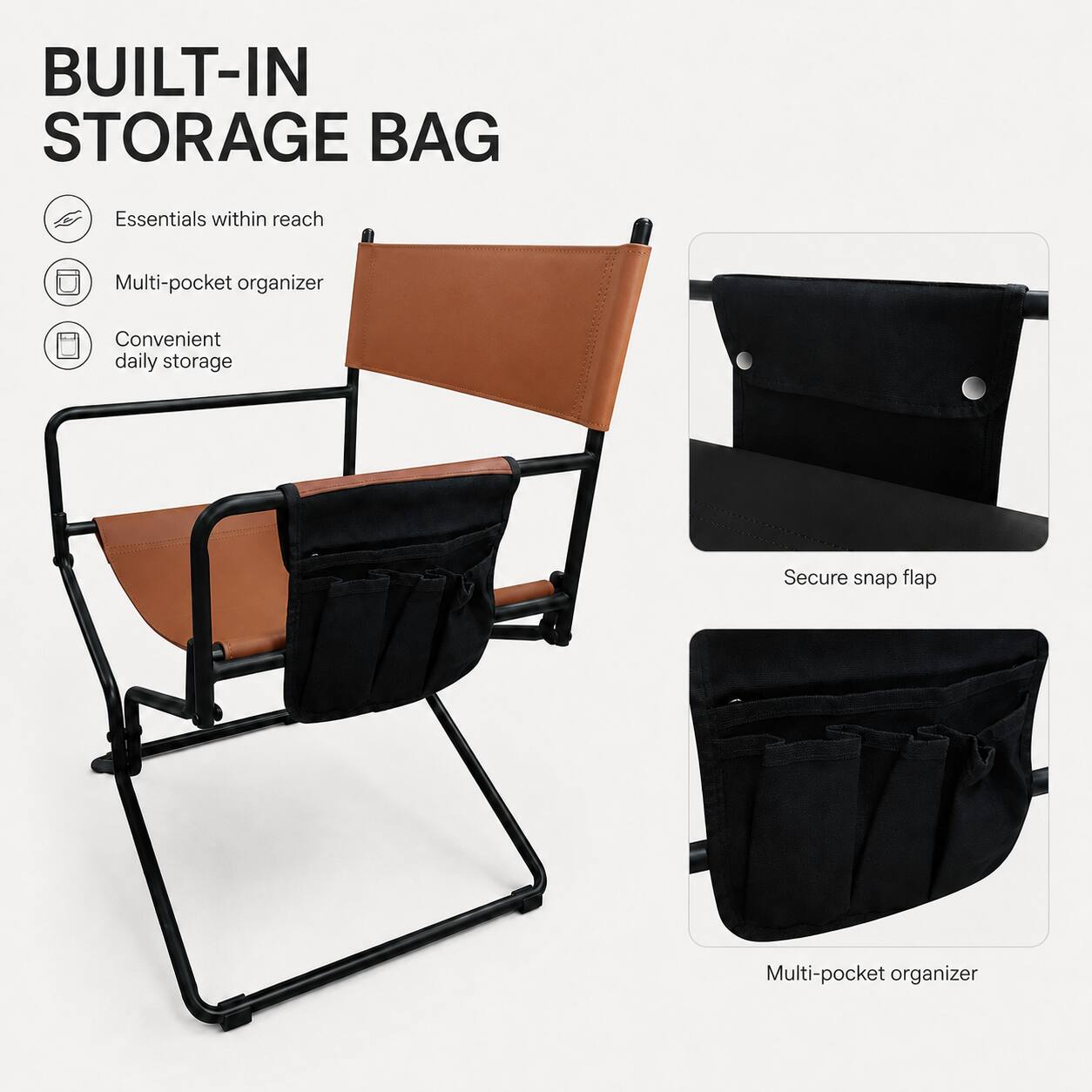 BUILT-IN STORAGE BAG

- Essentials within reach
- Multi-pocket organizer
- Convenient daily storage
- Secure snap flap
- Multi-pocket organizer