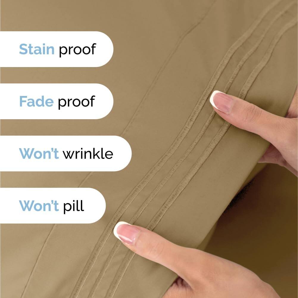 Stain proof  
Fade proof  
Won't wrinkle  
Won't pill