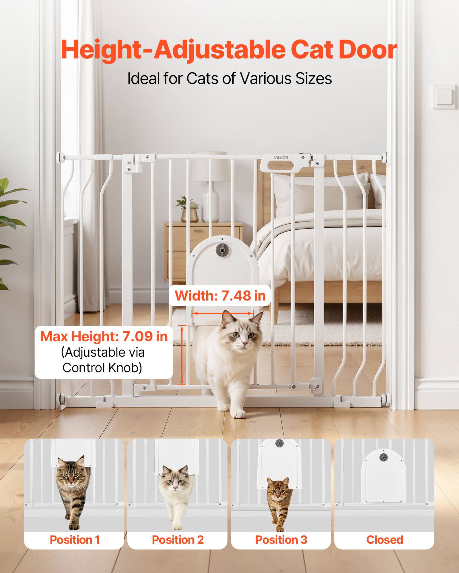 Height-Adjustable Cat Door  
Ideal for Cats of Various Sizes  

Width: 7.48 in  
Max Height: 7.09 in (Adjustable via Control Knob)  

Position 1  
Position 2  
Position 3  
Closed