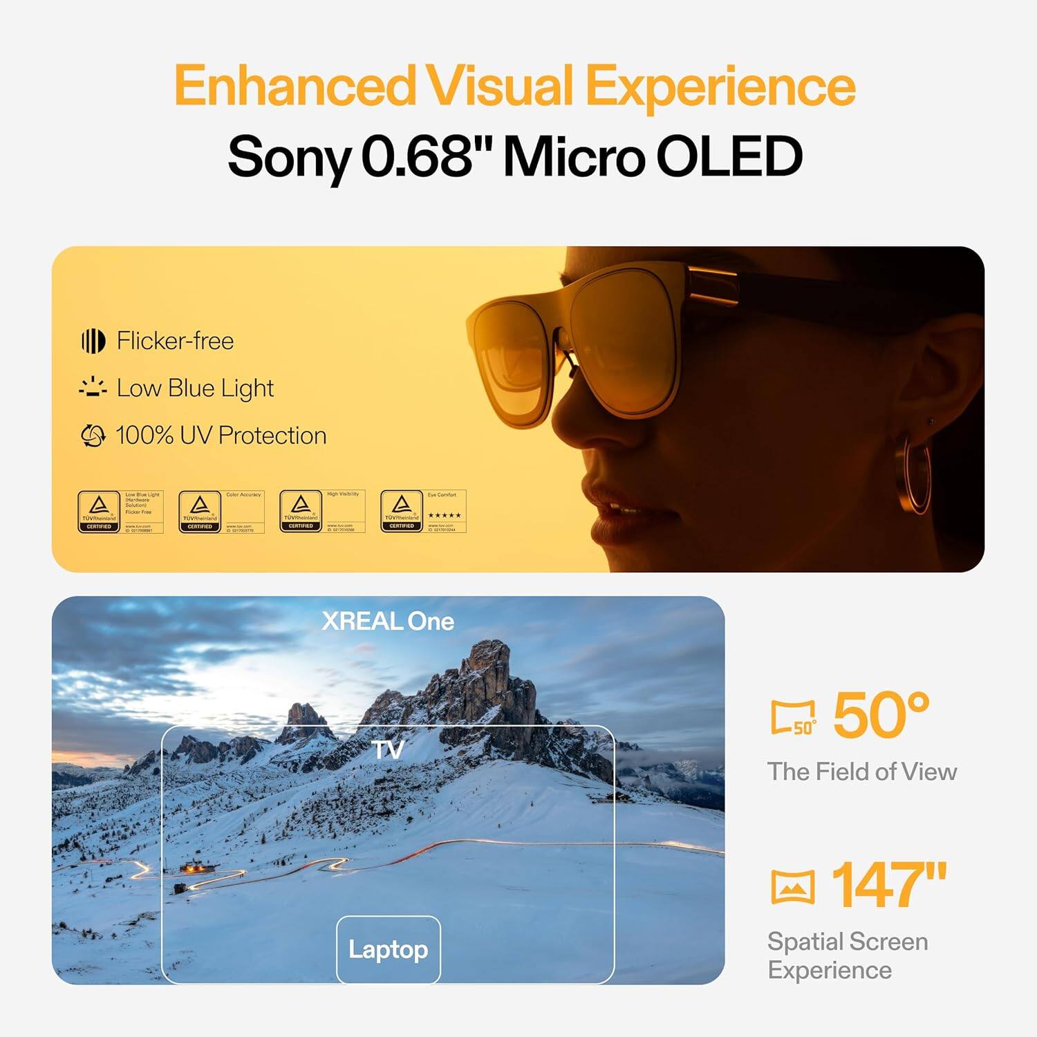 Enhanced Visual Experience Sony 0.68" Micro OLED Flicker-free Low Blue Light 100% UV Protection XREAL One TV 50" Spatial Screen Experience Laptop 147" Spatial Screen Experience