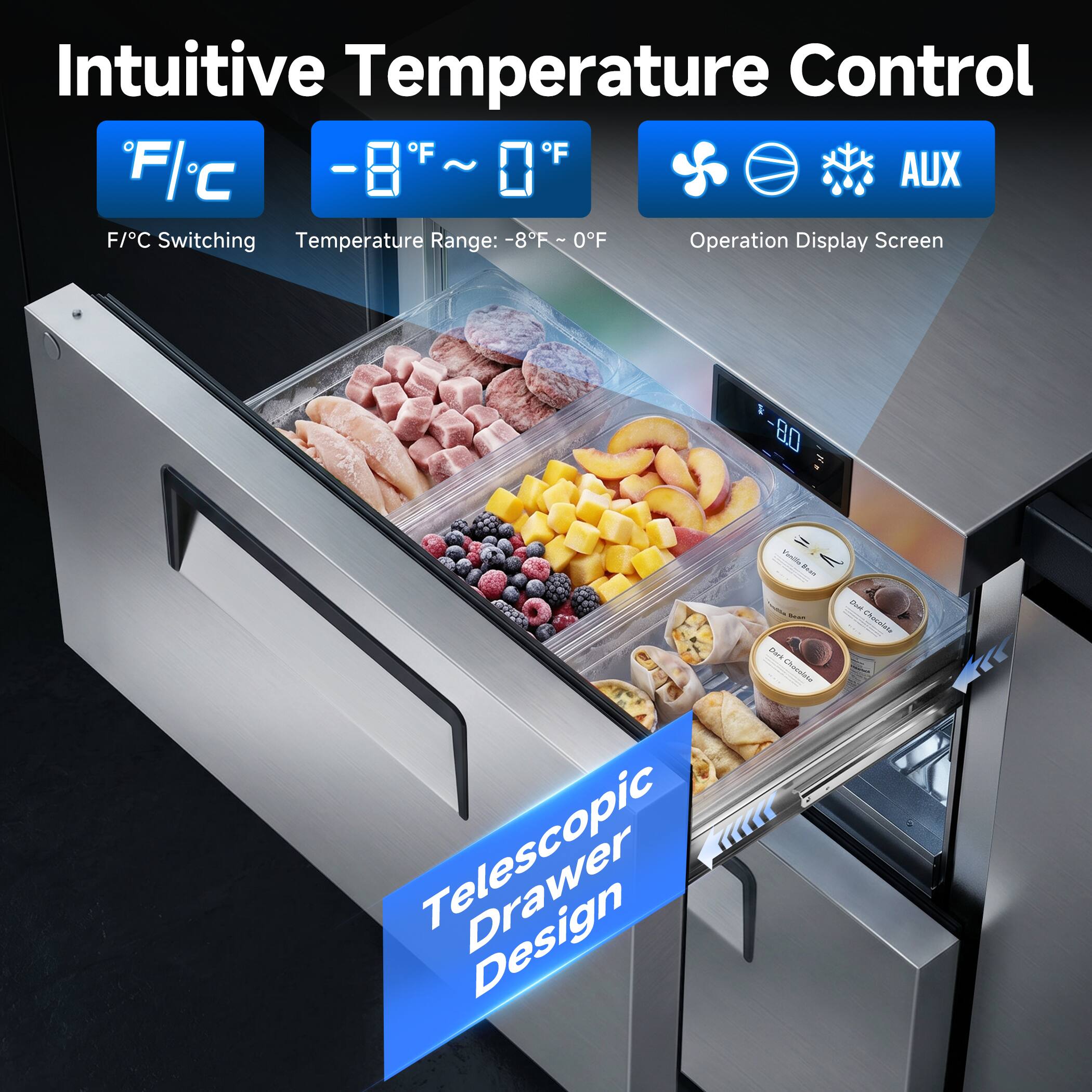 Intuitive Temperature Control

F/C
-8°F ~ 0°F

F/C Switching
Temperature Range: -8°F ~ 0°F

AUX
Operation Display Screen

Telescopic Drawer Design