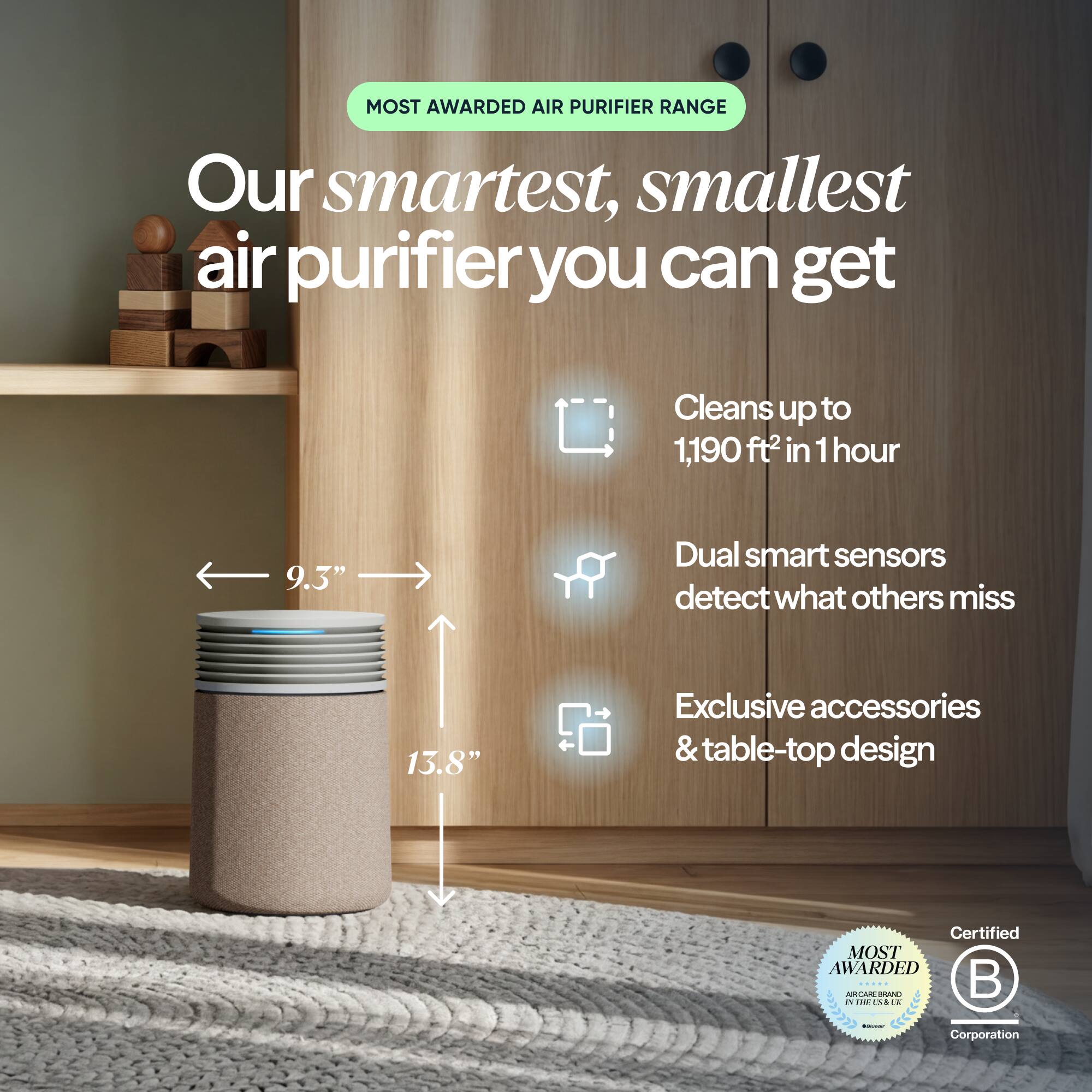 MOST AWARDED AIR PURIFIER RANGE  
Our smartest, smallest air purifier you can get  
Cleans up to 1,190 ft² in 1 hour  
9.3" Dual smart sensors detect what others miss  
13.8" Exclusive accessories & table-top design  
Certified MOST AWARDED  
ACAN A i AM4NGIA IA Corporation