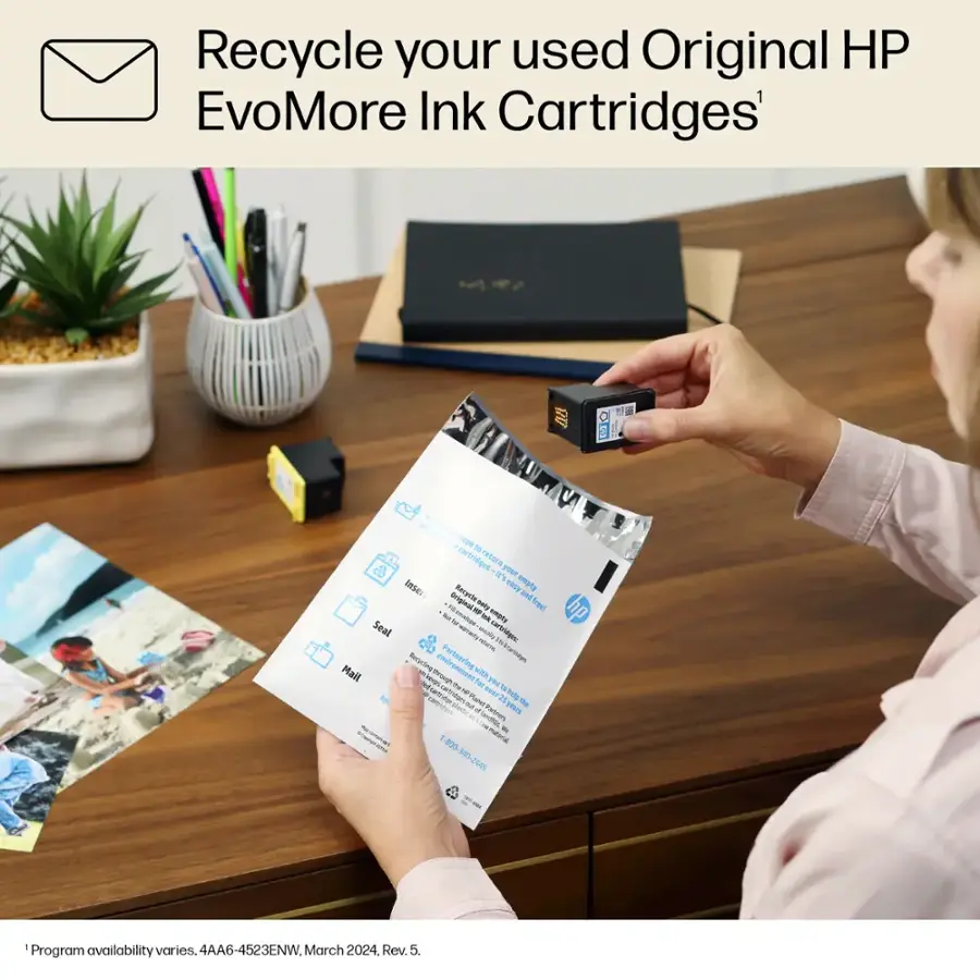Recycle your used Original HP EvoMore Ink Cartridges. The ink cartridges are recyclable and help reduce your environmental impact. Recycling your ink cartridges also helps conserve resources and reduces waste. Mail your empty ink cartridges to HP for recycling and support environmental sustainability. Program availability varies. 4AA6-4523ENW. March 2024. Rev. 5.