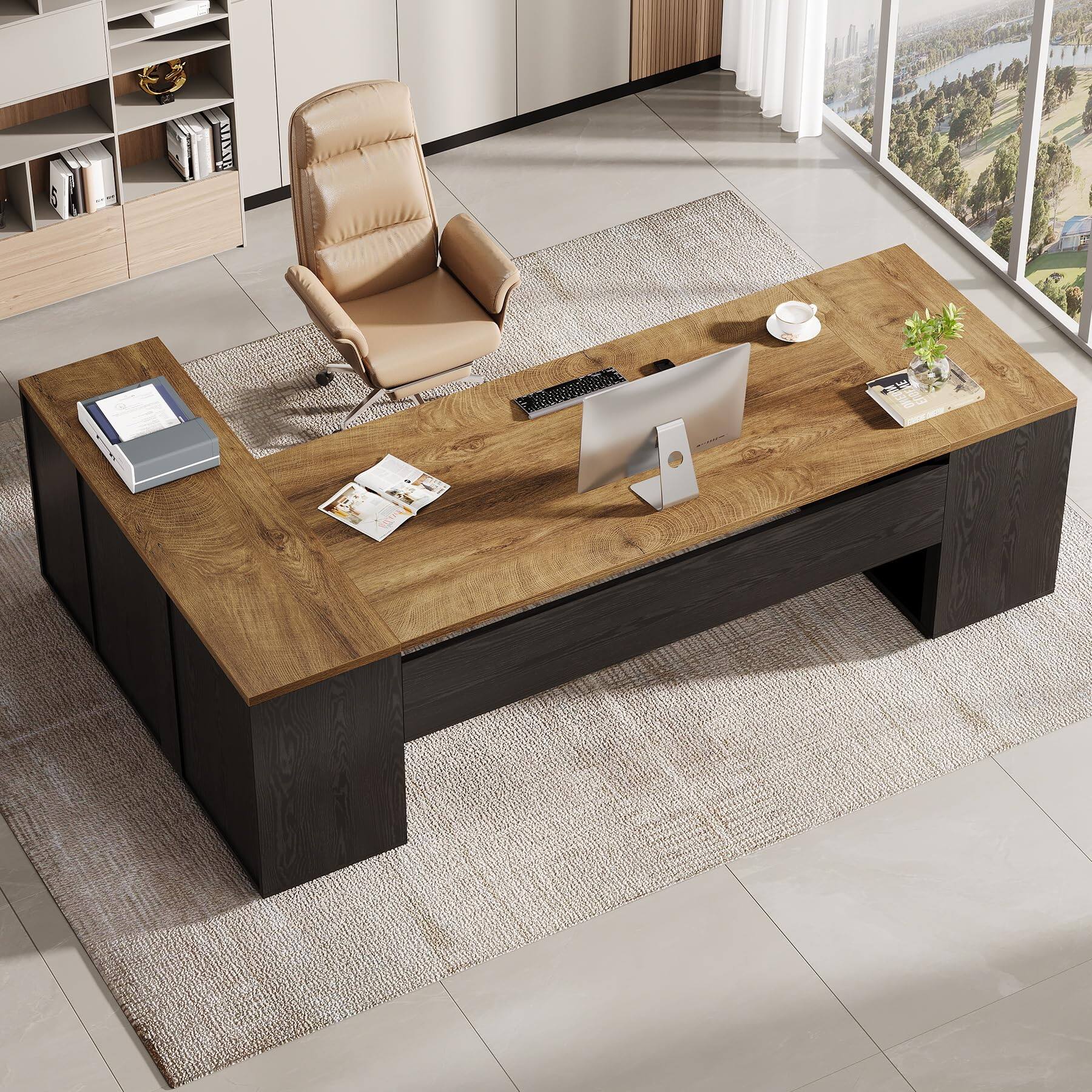 Alt View 4. Tribesigns - 85.8-Inch L-Shaped Executive Desk, Extra Large Home Office Desk - Light Brown & Black.