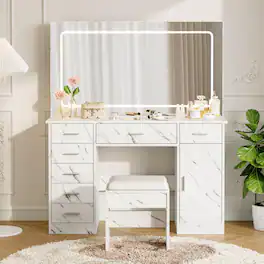 Qeetex - Makeup Vanity Table with LED Mirror, Power Outlets, 7 Drawers, Storage Cabinet, Desk & Stool Set for Bedroom - Marble White