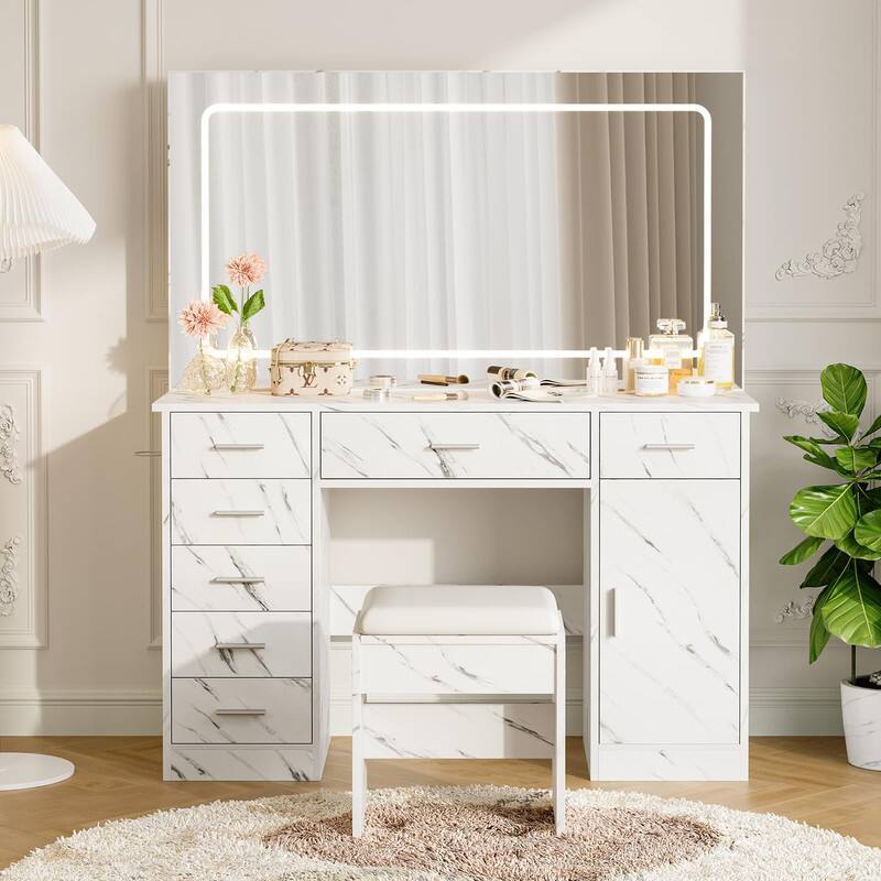 Front. Qeetex - Makeup Vanity Table with LED Mirror, Power Outlets, 7 Drawers, Storage Cabinet, Desk & Stool Set for Bedroom - Marble White.