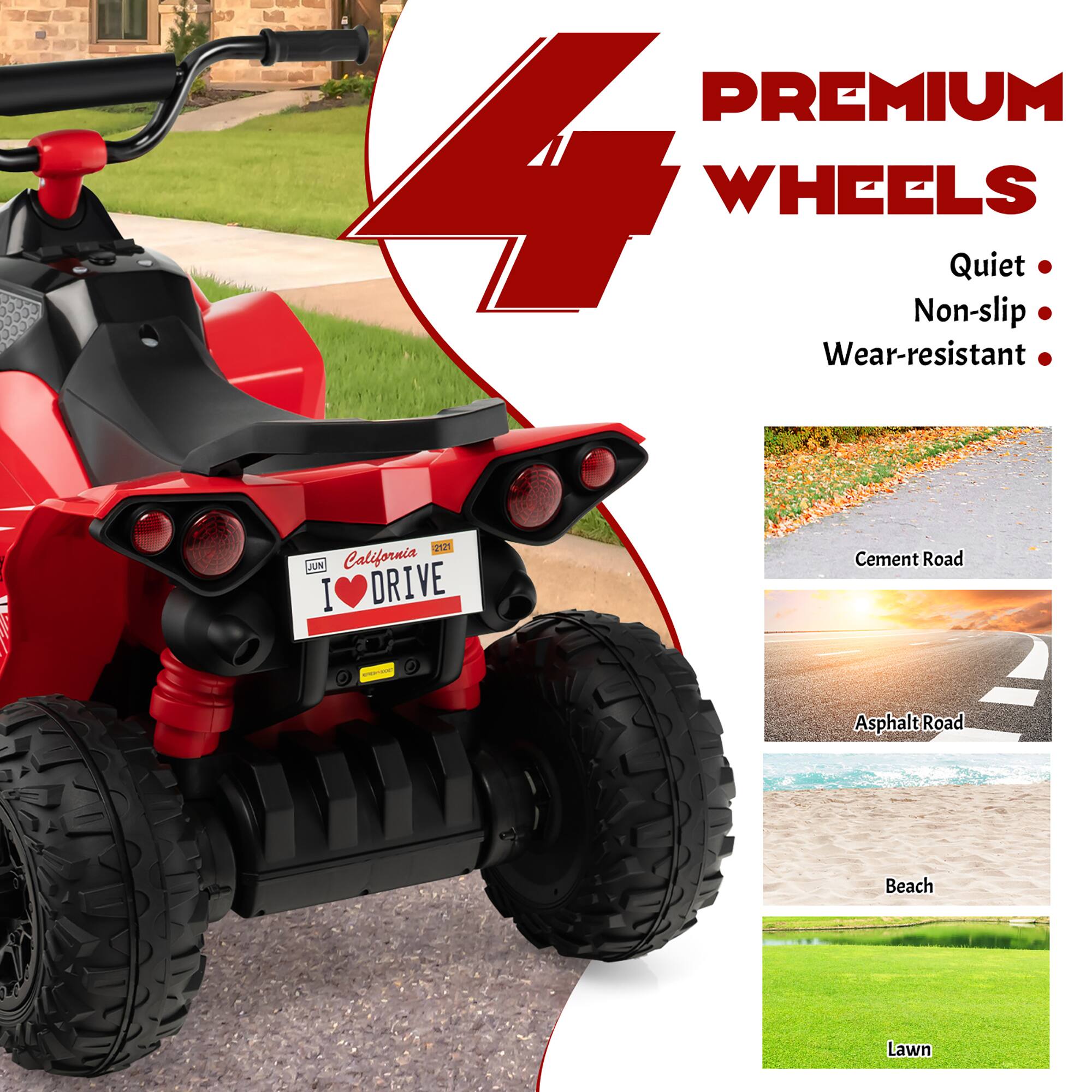 PREMIUM WHEELS Quiet Non-slip Wear-resistant

JUN California I DRIVE

Cement Road
Asphalt Road
Beach
Lawn