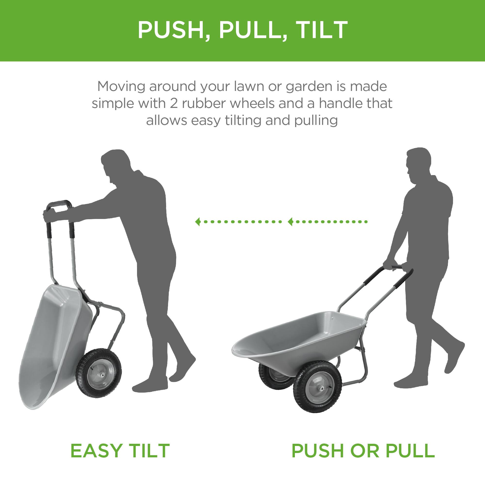 PUSH, PULL, TILT

Moving around your lawn or garden is made simple with 2 rubber wheels and a handle that allows easy tilting and pulling

EASY TILT

PUSH OR PULL