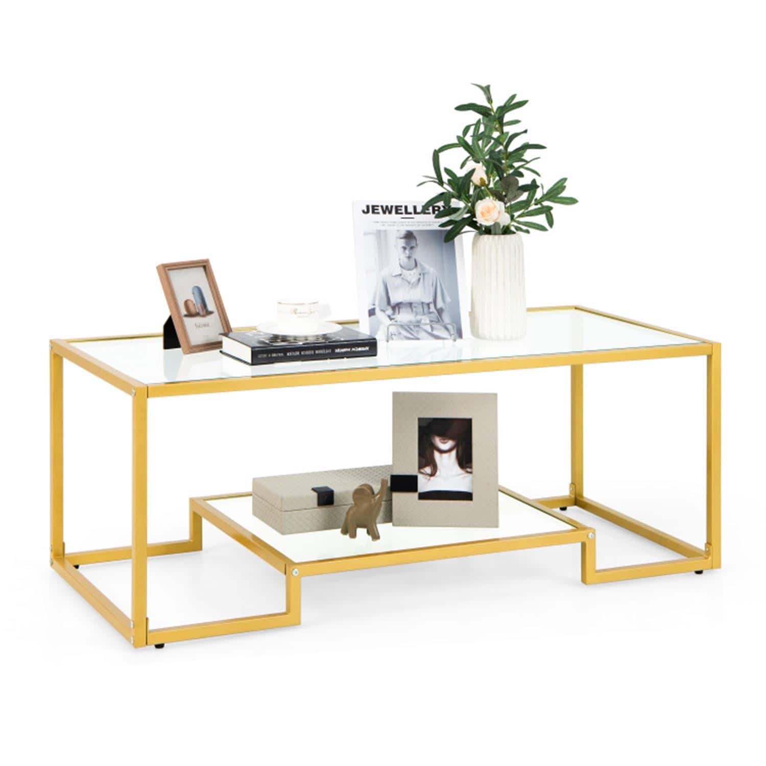 Pefilos - Coffee Table, Glass Coffee Table, Modern 2-Tier Rectangular Coffee Table with Glass Table Top, for Home Living Room - Gold