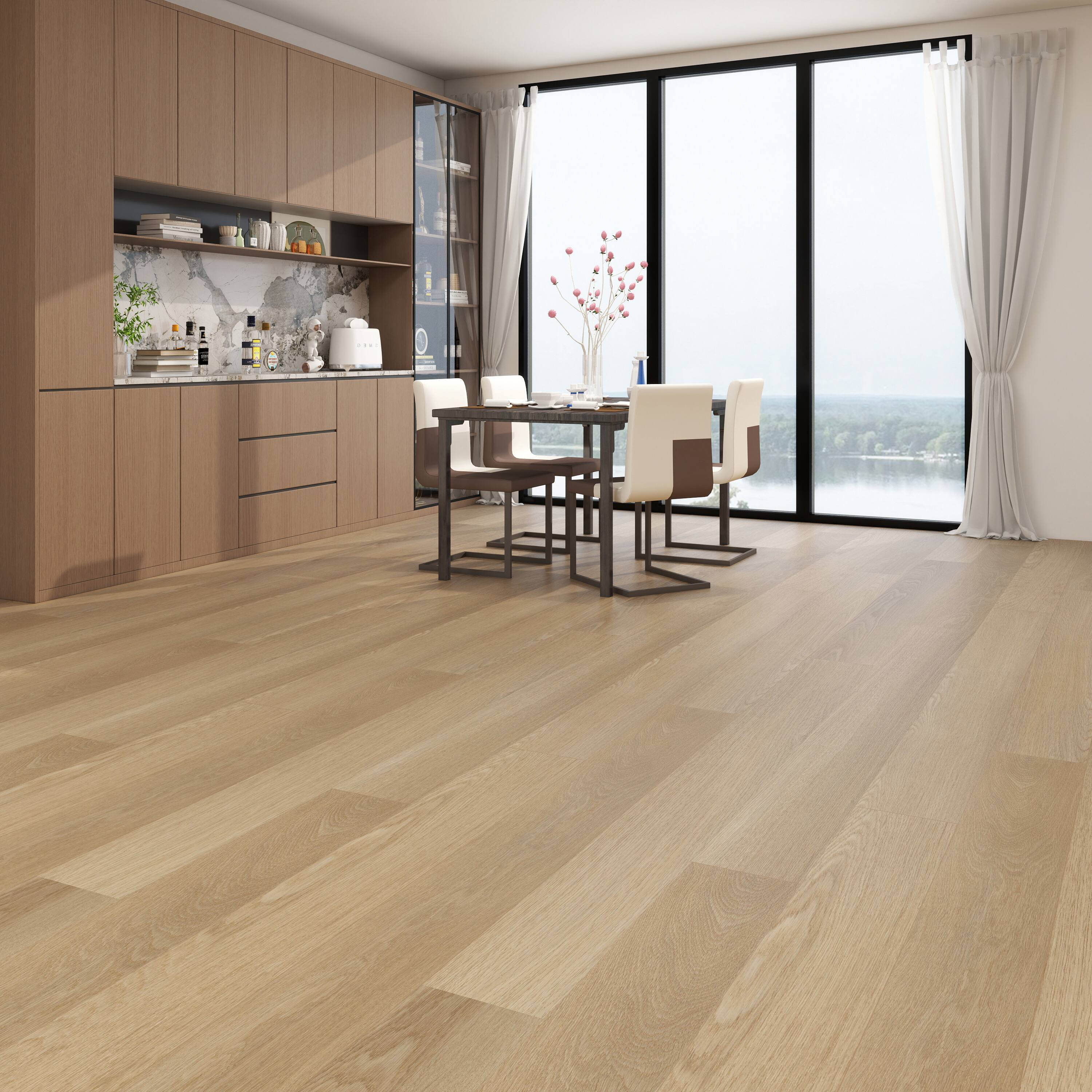 Angle. Dotfloor - Superoak Lite Laminate Flooring - 48"x7.7" Planks, 10 Planks/Box (25.6 sq ft/Box), 9.5mm Thick, AC4 Wear Rating - Golden Oakley.