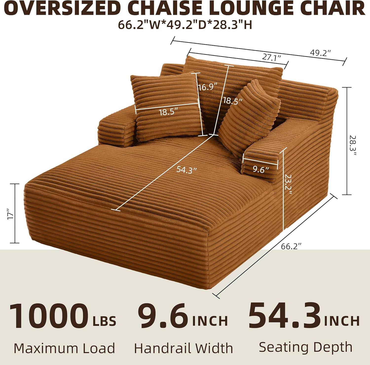 **OVERSIZED CHAISE LOUNGE CHAIR**

- **66.2"W*49.2"D*28.3"H**

- **1000 LBS**  
  Maximum Load

- **9.6 INCH**  
  Handrail Width

- **54.3 INCH**  
  Seating Depth

- **Dimensions:**
  - 66.2" (Width)
  - 49.2" (Depth)
  - 28.3" (Height)
  - 27.1" (Armrest Height)
  - 18.5" (Backrest Height)
  - 16.9" (Backrest Width)
  - 9.6" (Handrail Width)
  - 54.3" (Seating Depth)
  - 17" (Seat Height)
  - 23.2" (Seat Width)
