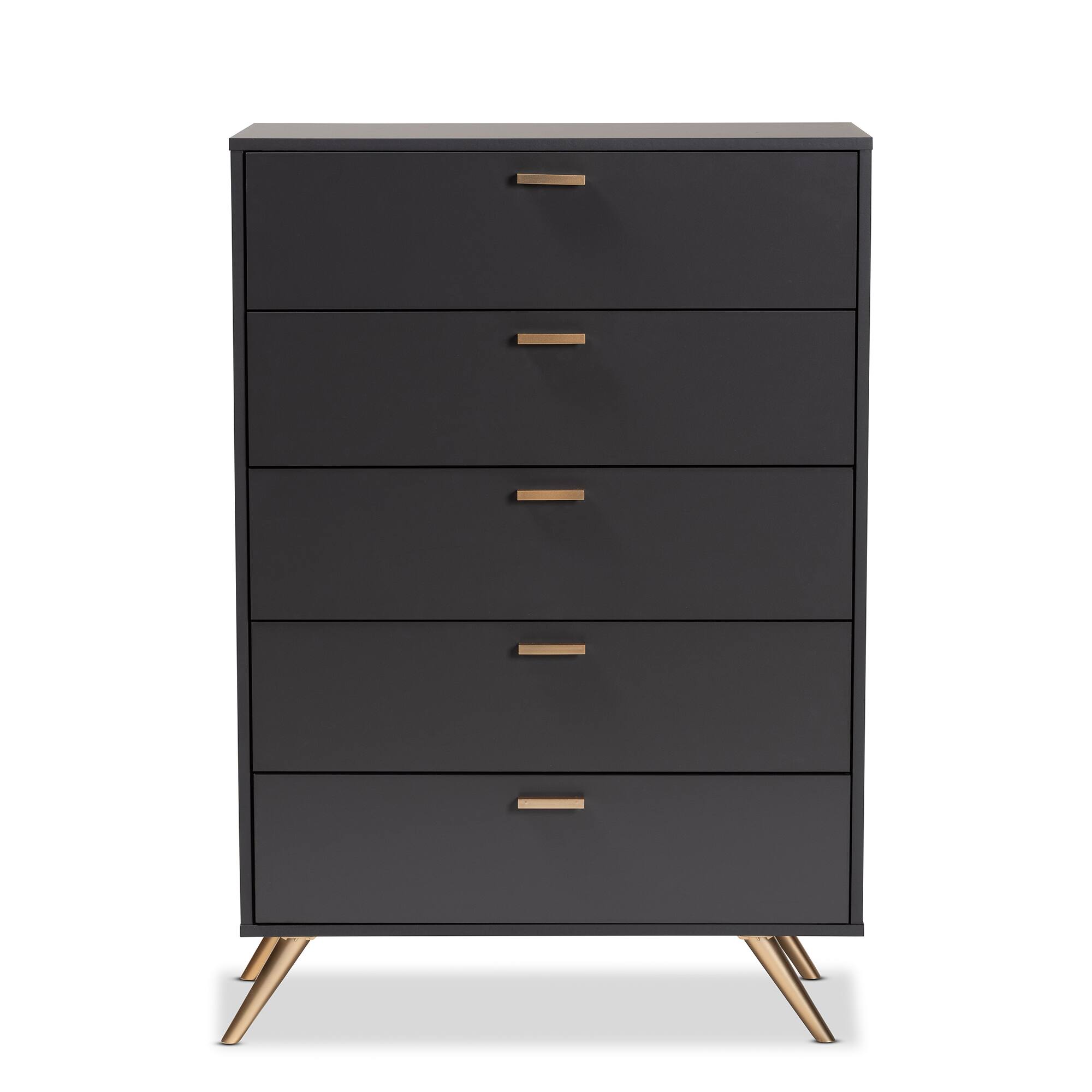 Left. Baxton Studio - Kelson Modern and Contemporary Finished Wood 5-Drawer Chest - Dark Grey/Gold.