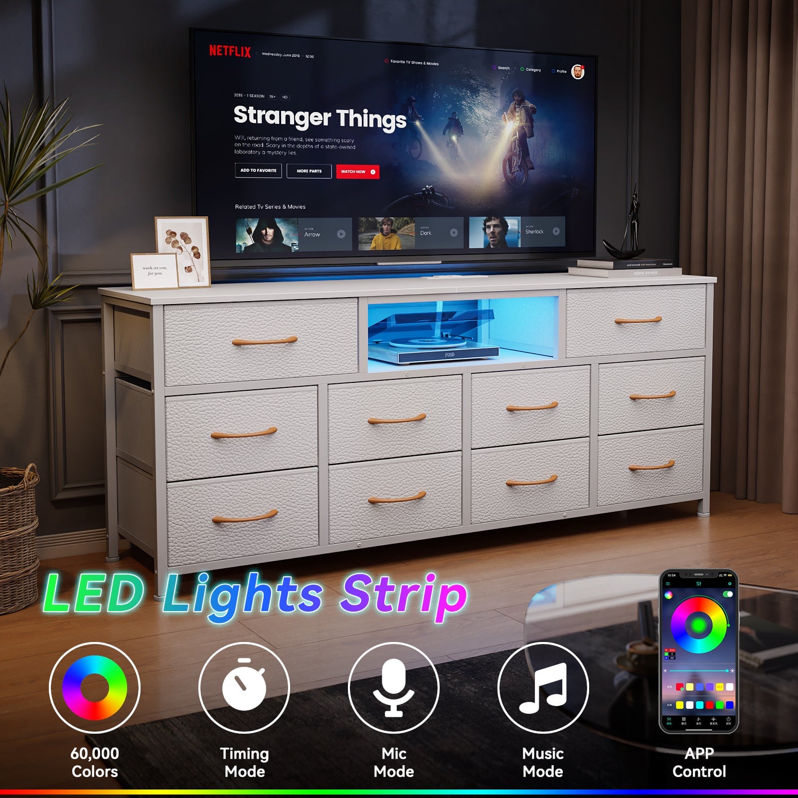 NETFLIX - Stranger Things

- Renewing mon
- vana
- S umBnG NRT
- S Swy
- tV dras
- Tboratory
- TySETY

Related 1 Ser - 4 Mores NTON cas Startts

LED Lights Strip - 60,000 Colors Timing Mode Mic Mode Music Mode APP Control