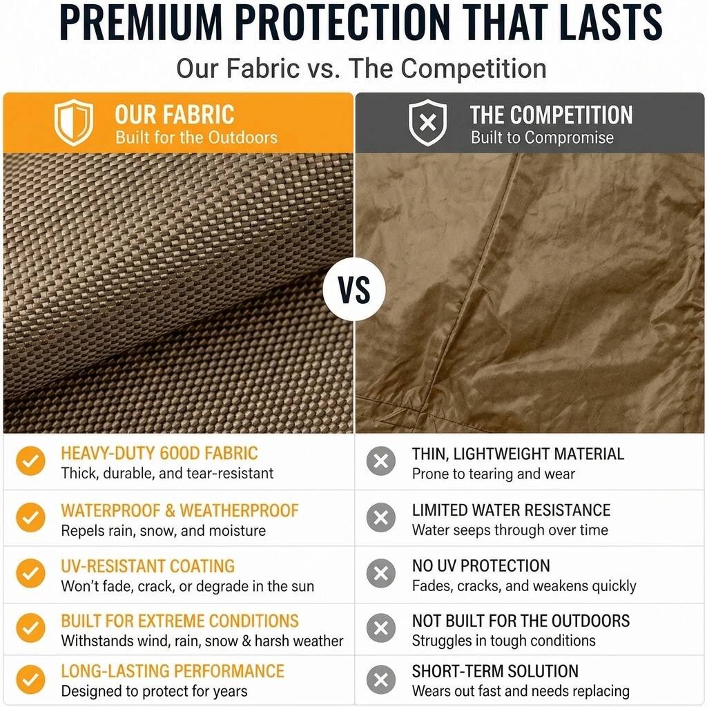 PREMIUM PROTECTION THAT LASTS  
Our Fabric vs. The Competition  

OUR FABRIC  
Built for the Outdoors  

HEAVY-DUTY 600D FABRIC  
Thick, durable, and tear-resistant  

WATERPROOF & WEATHERPROOF  
Repels rain, snow, and moisture  

UV-RESISTANT COATING  
Won't fade, crack, or degrade in the sun  

BUILT FOR EXTREME CONDITIONS  
Withstands wind, rain, snow & harsh weather  

LONG-LASTING PERFORMANCE  
Designed to protect for years  

THE COMPETITION  
Built to Compromise  

THIN, LIGHTWEIGHT MATERIAL  
Prone to tearing and wear  

LIMITED WATER RESISTANCE  
Water seeps through over time  

NO UV PROTECTION  
Fades, cracks, and weakens quickly  

NOT BUILT FOR THE OUTDOORS  
Struggles in tough conditions  

SHORT-TERM SOLUTION  
Wears out fast and needs replacing