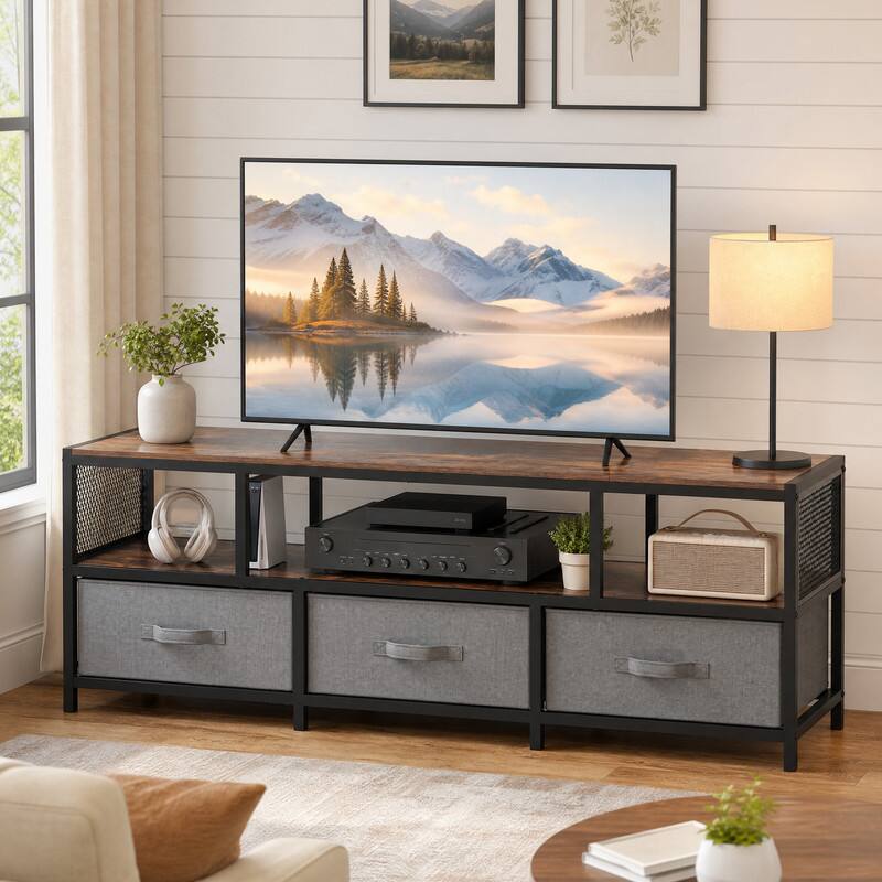 Angle. WELLFOR - TV Stand for TVs up to 65 Inches with Power Outlets,3 Drawer Dresser Entertainment Center,Media Console with Open Shelf - Rustic Brown.
